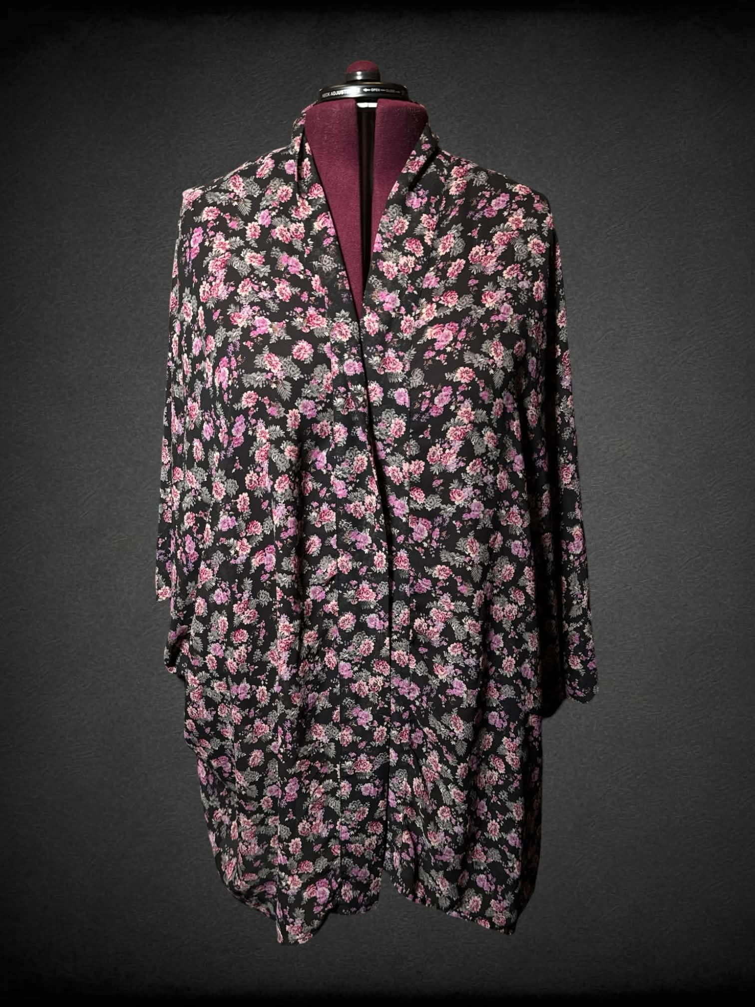6X black sheer cardigan with pink floral pattern