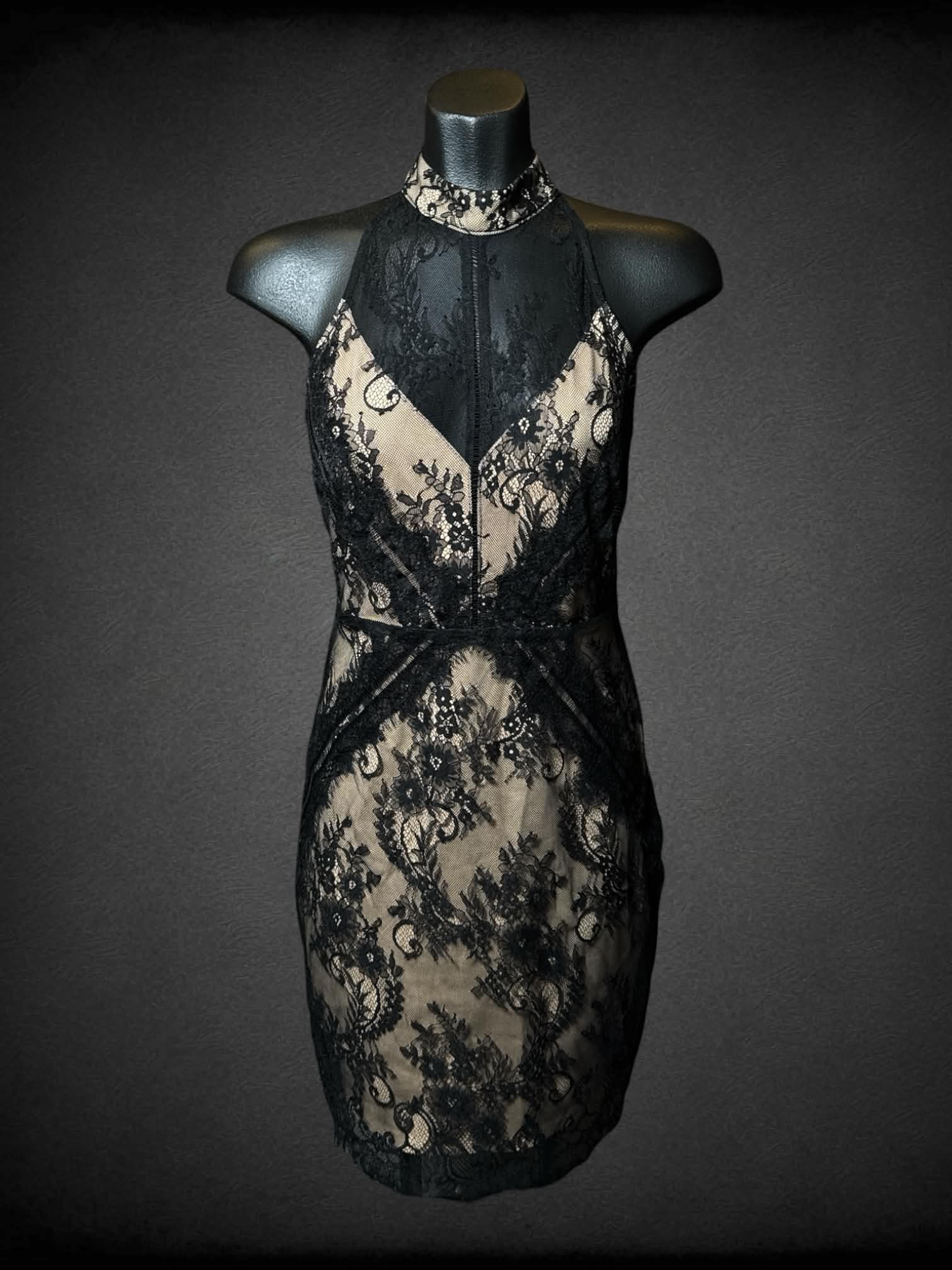 S ASTR black & tan dress with black floral lace outer layer, and zipper on back