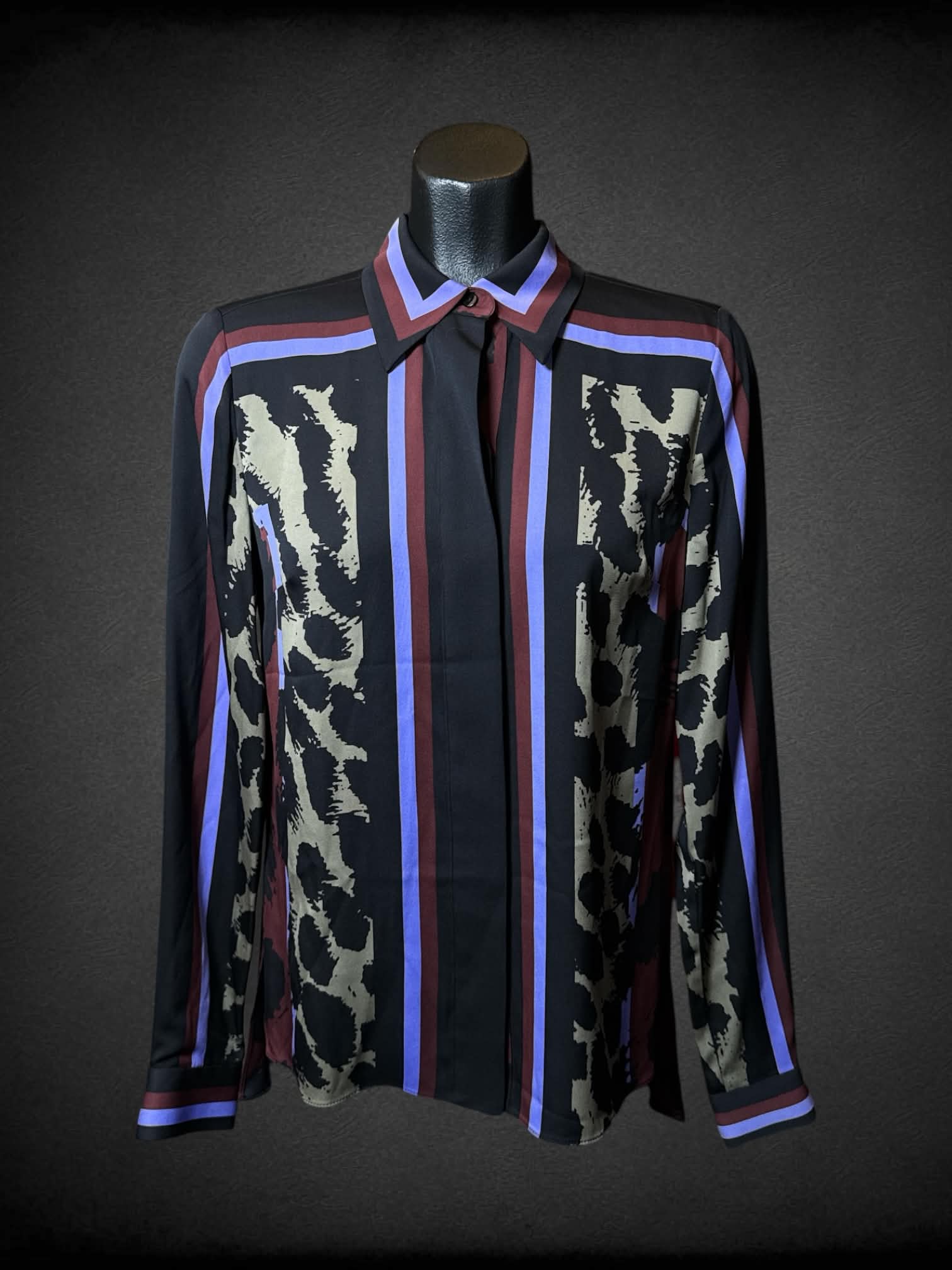 S Diane Von Furstenberg black button up shirt with purple, brown & green pattern