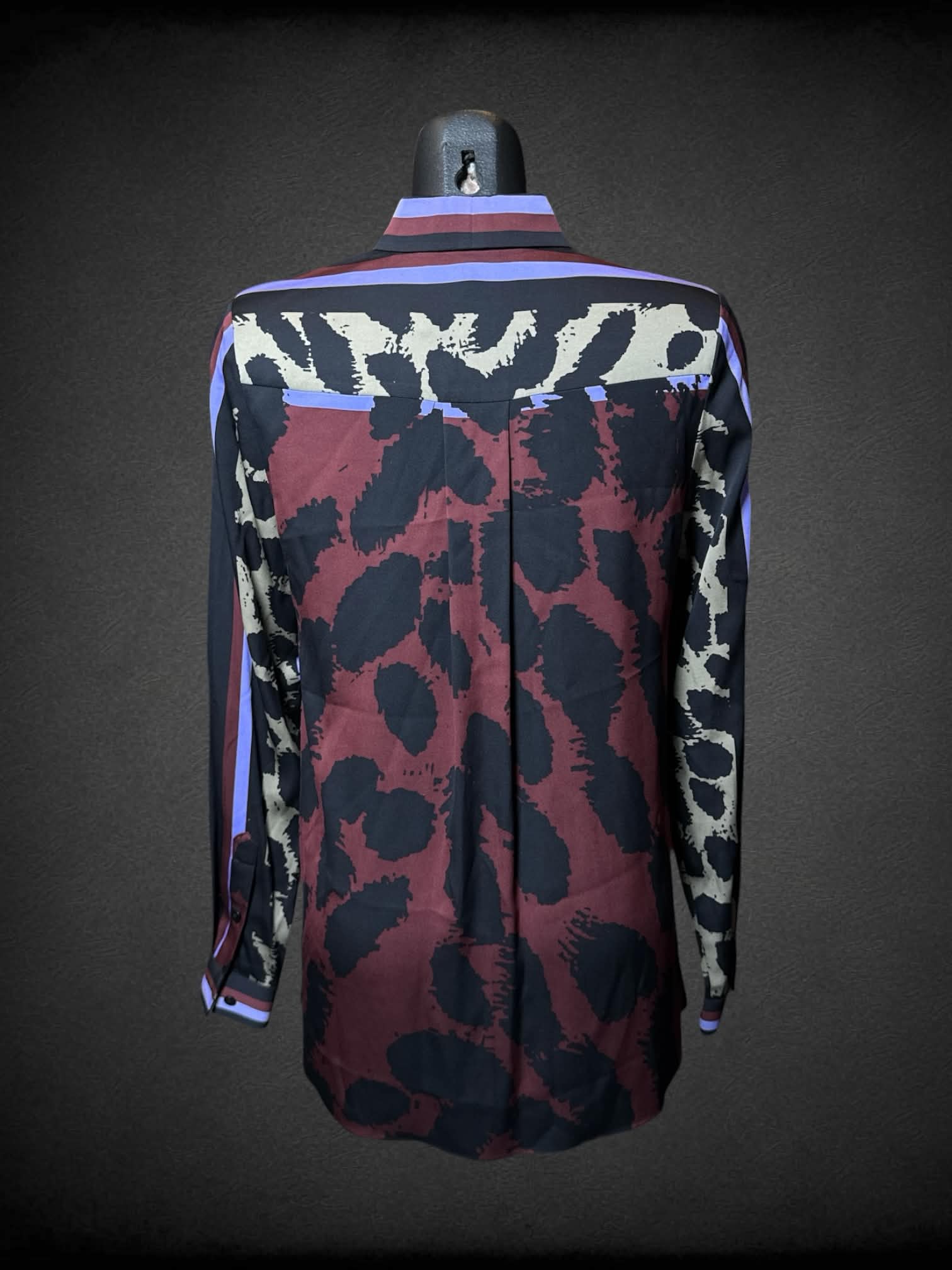 S Diane Von Furstenberg black button up shirt with purple, brown & green pattern