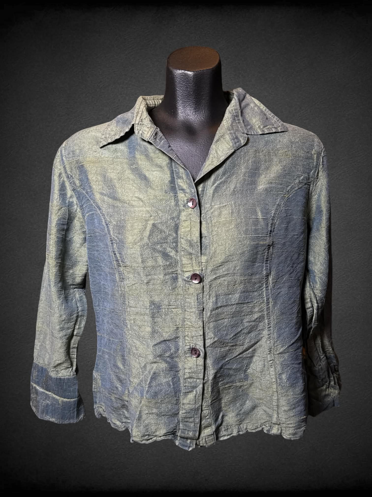 M Anü vintage sage green holo silk button up shirt