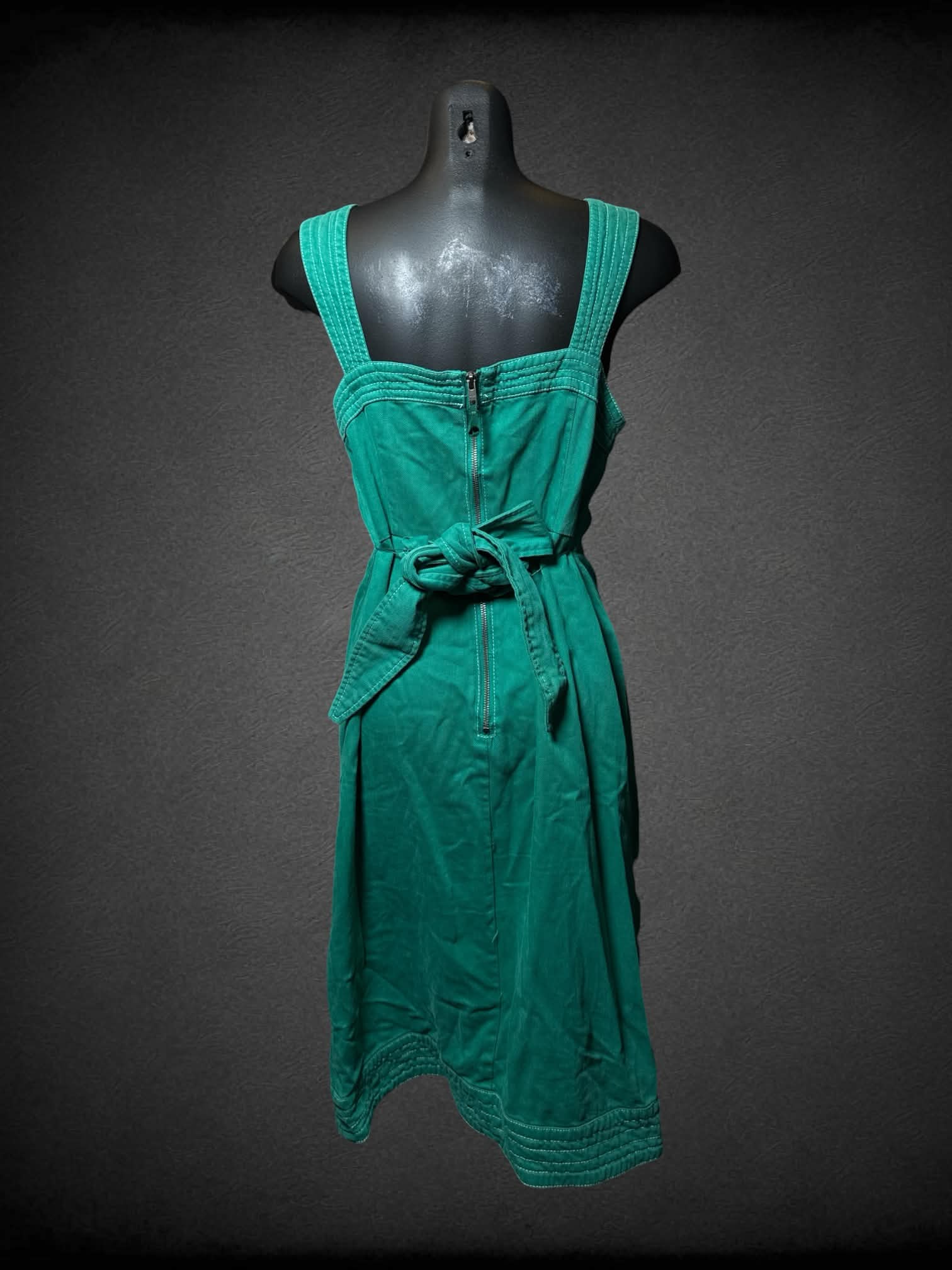 M Anthropologie green button-up dress with zipper and adjustable tie on back
