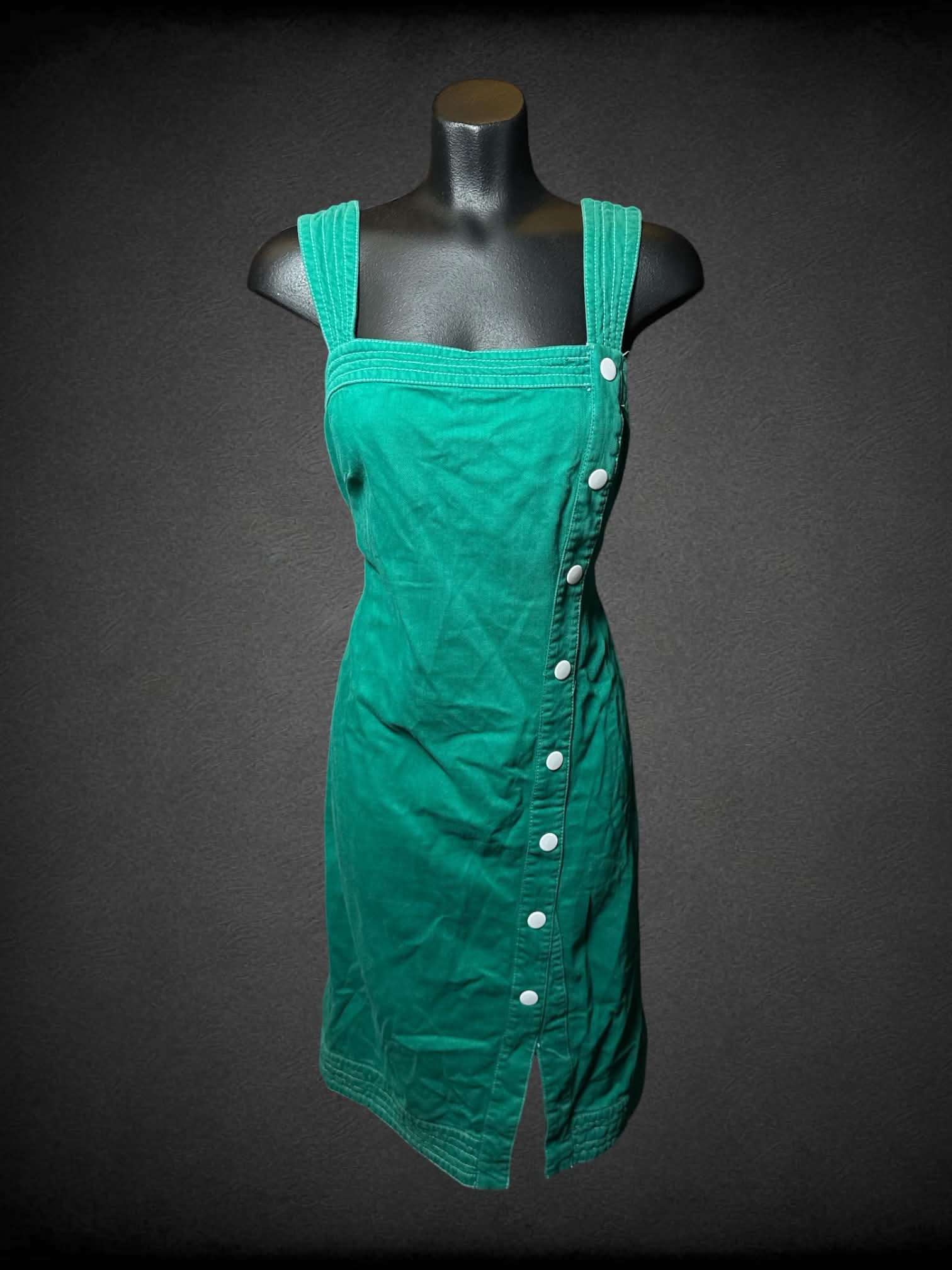M Anthropologie green button-up dress with zipper and adjustable tie on back