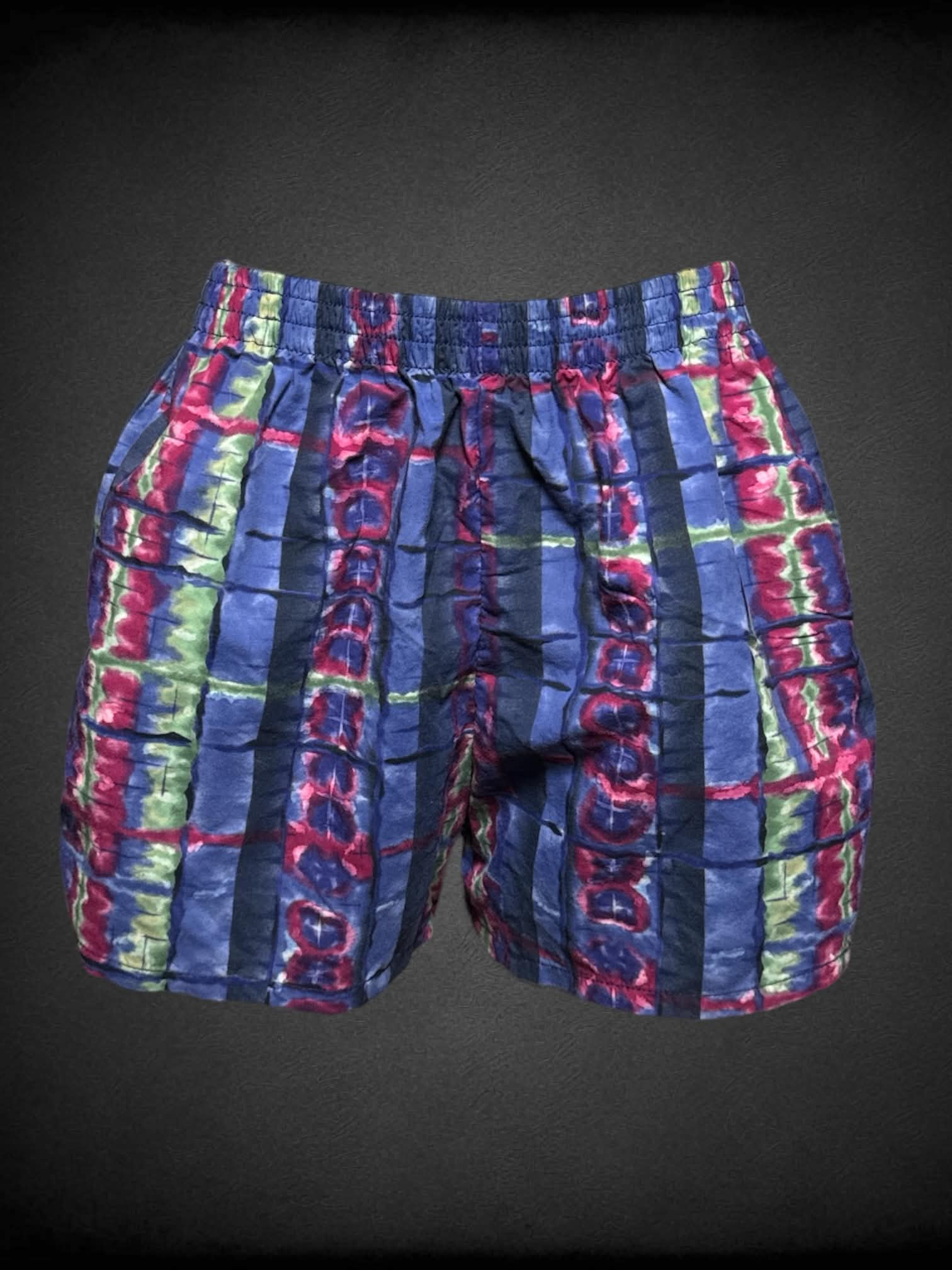 L Dolfin vintage blue shorts with green & pink tie-dye design, and stretch waist