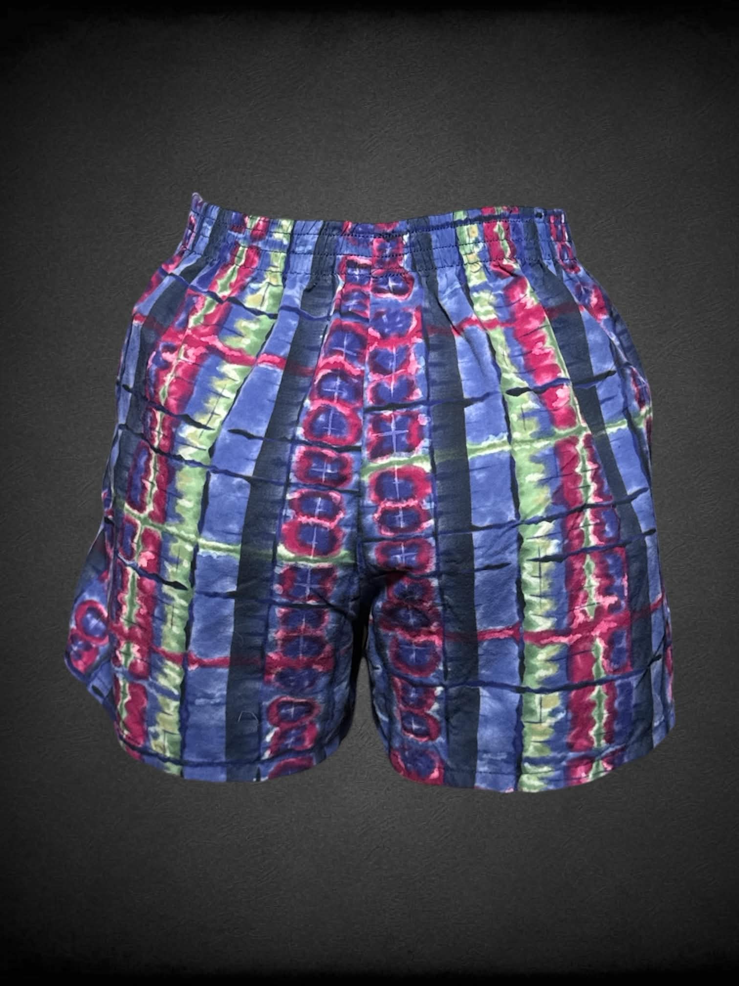 L Dolfin vintage blue shorts with green & pink tie-dye design, and stretch waist