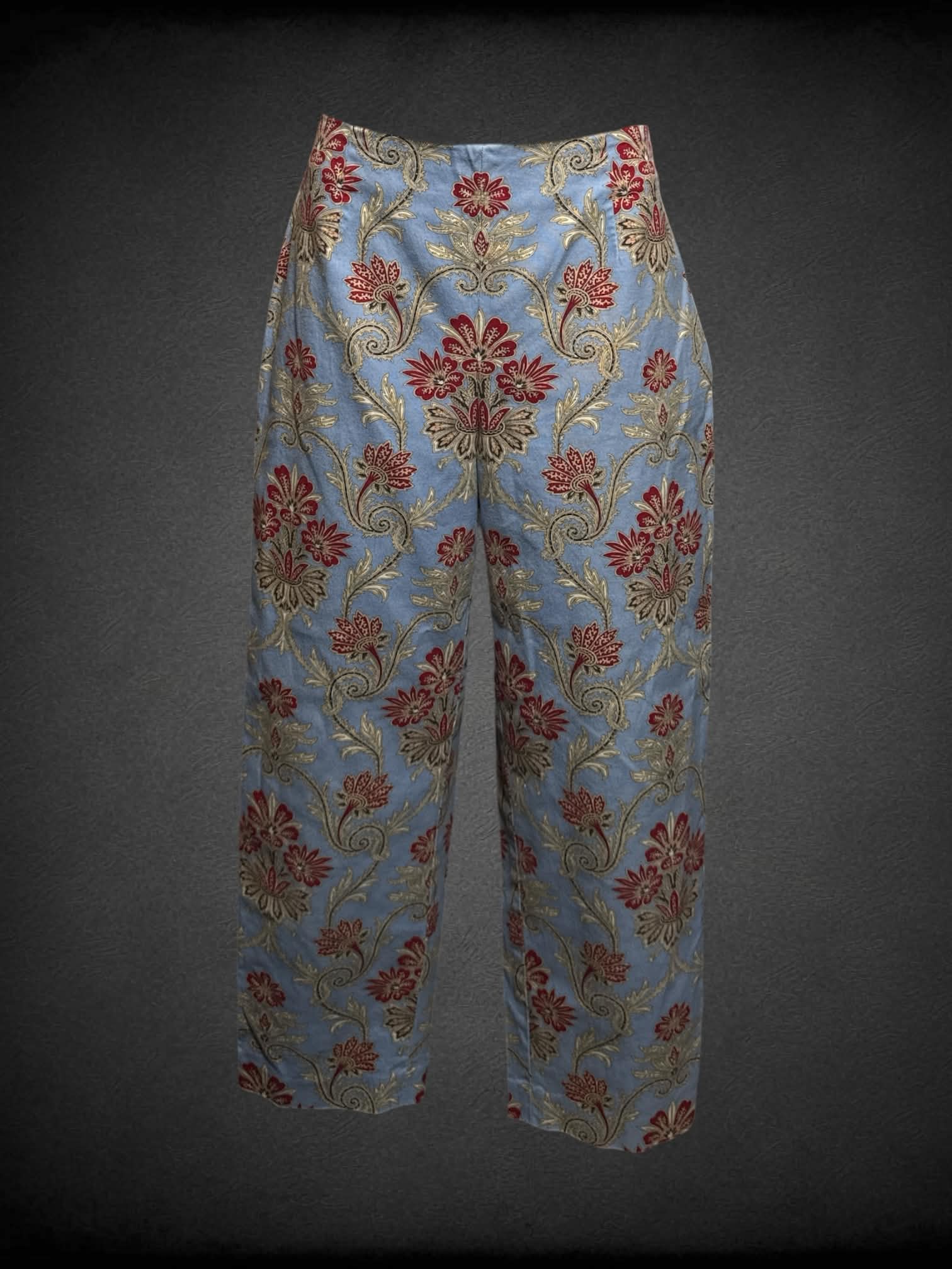 L Talbots vintage light blue pants with red ornamental floral pattern and zipper on side