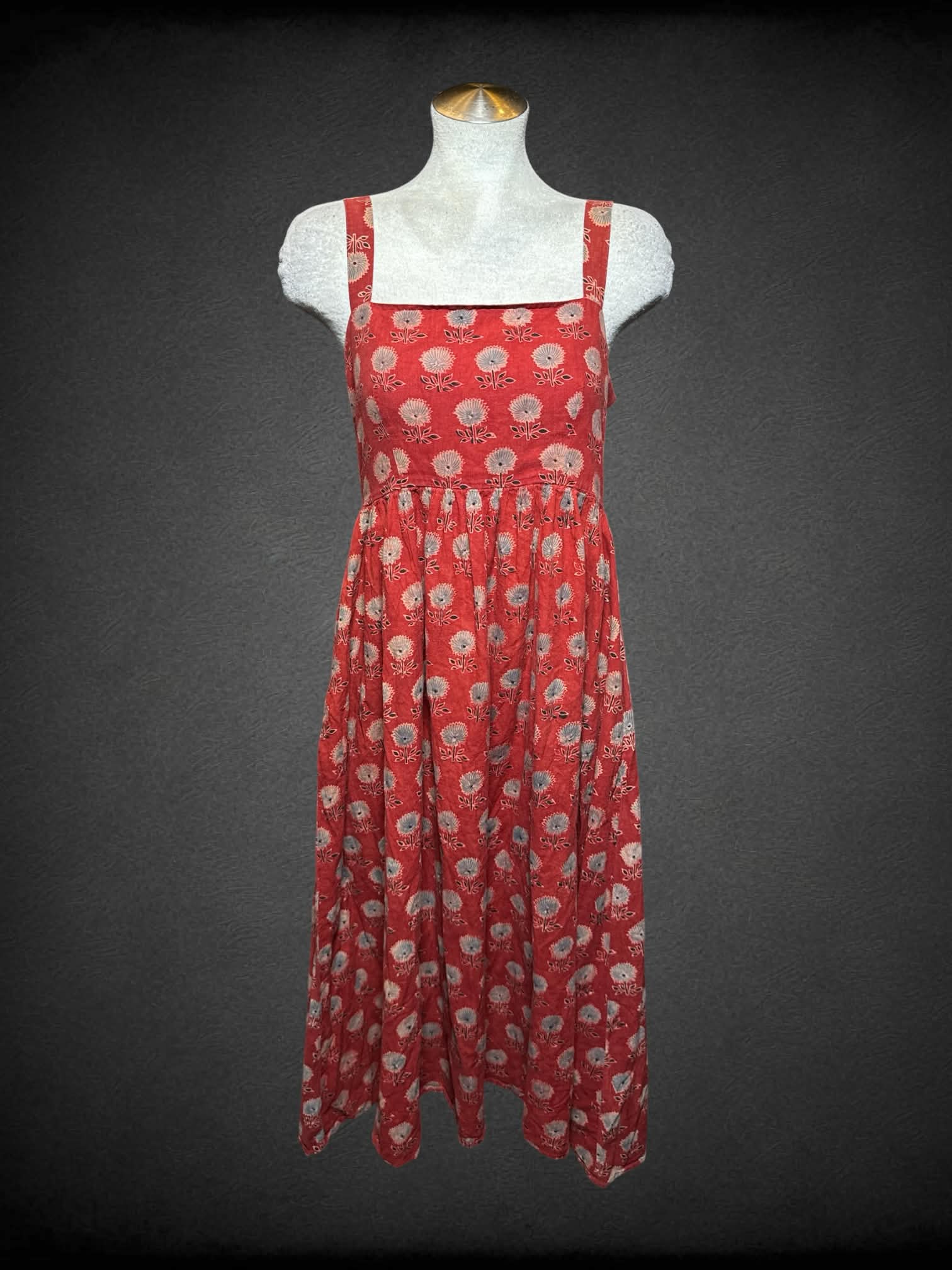 L Christy Dawn red dress with blue flower pattern, pockets and zipper on side