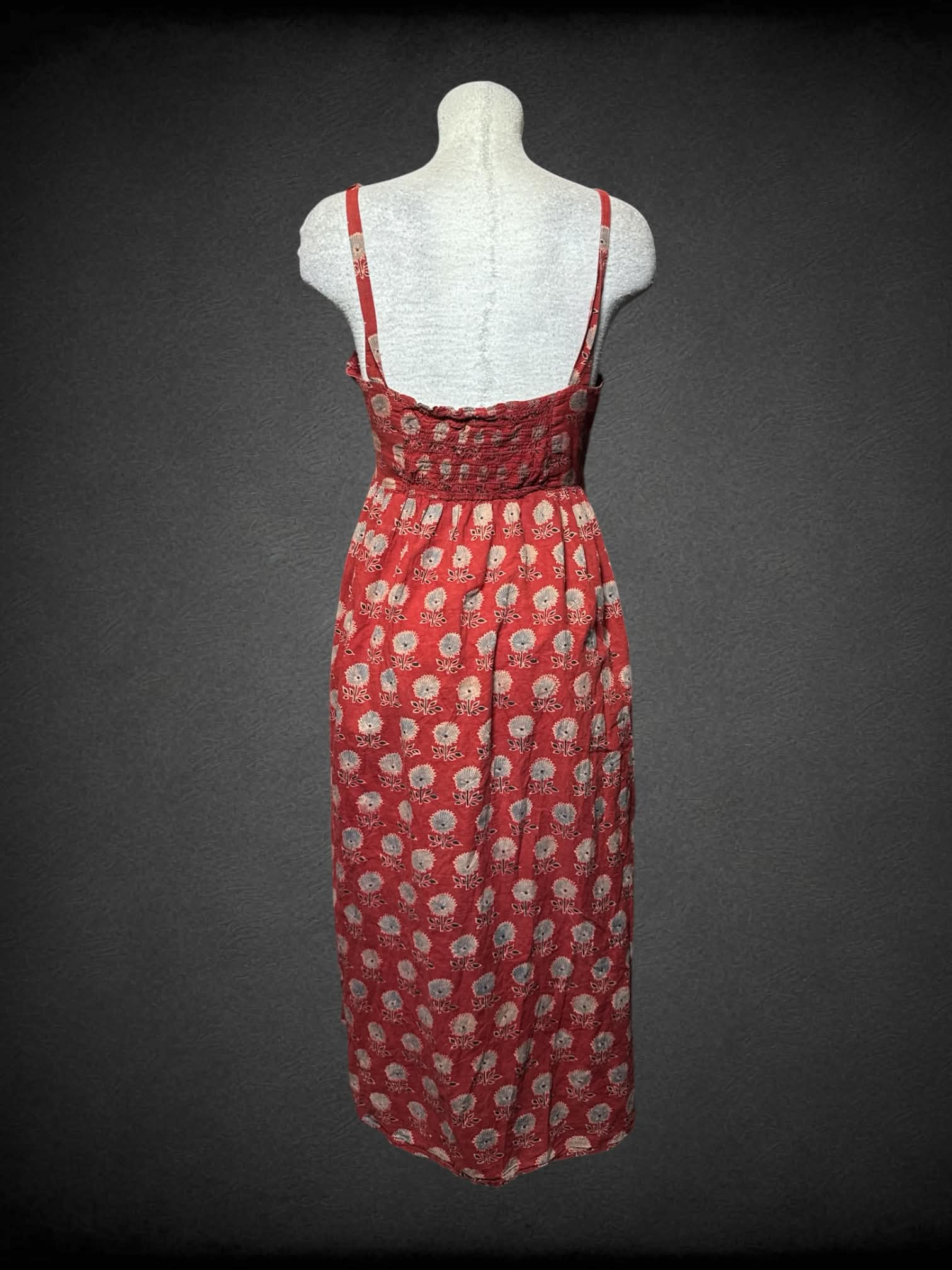L Christy Dawn red dress with blue flower pattern, pockets and zipper on side