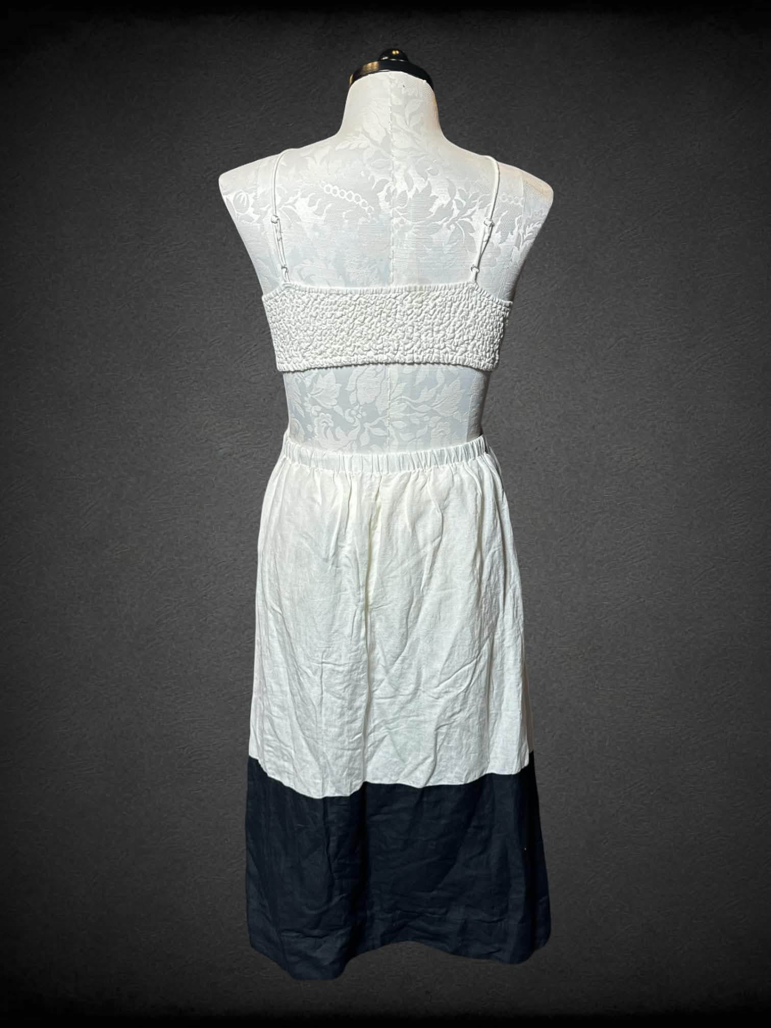 XL Anthropologie NWT white button-up dress with cross straps, shirred back and black trim