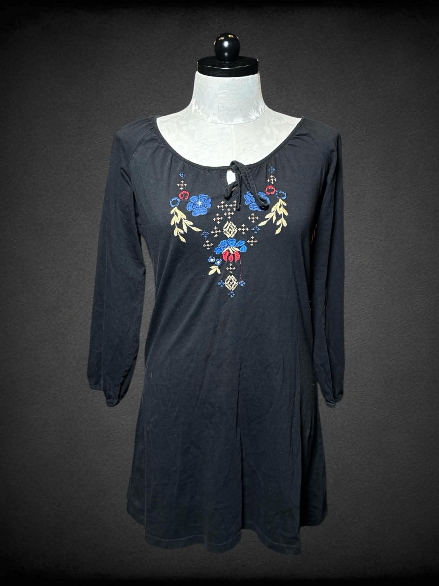 XL Take Two vintage black long-sleeve dress with red & blue embroidered floral design on front