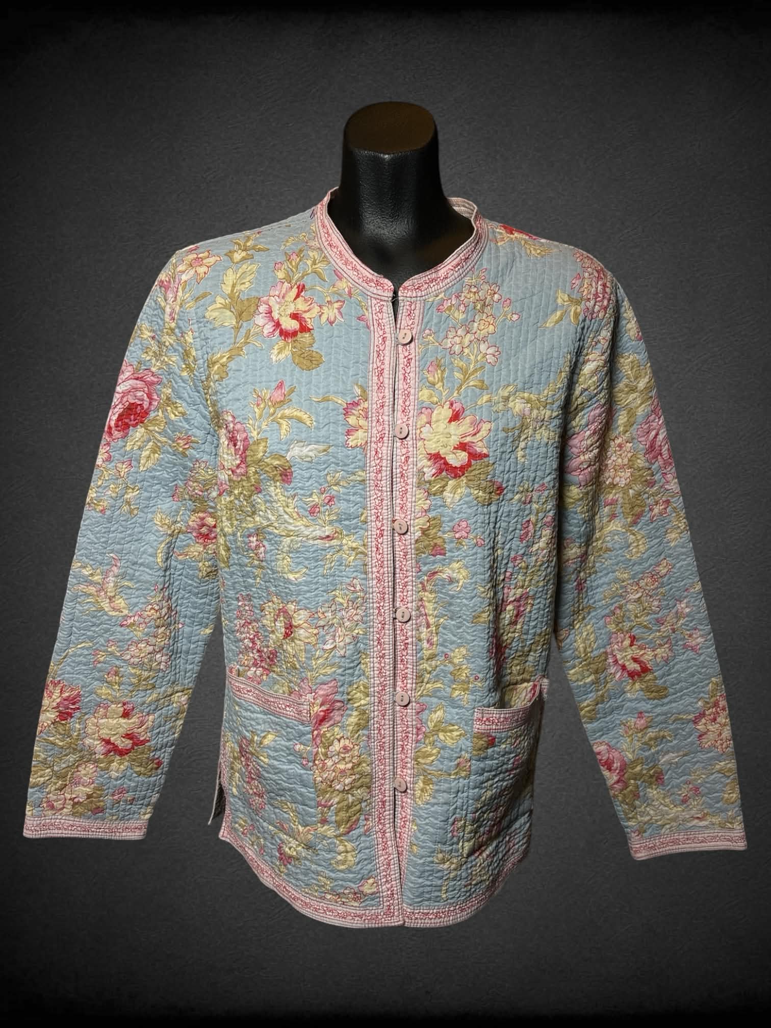M Provence reversible quilt-like jacket with blue floral pattern, and pink striped pattern