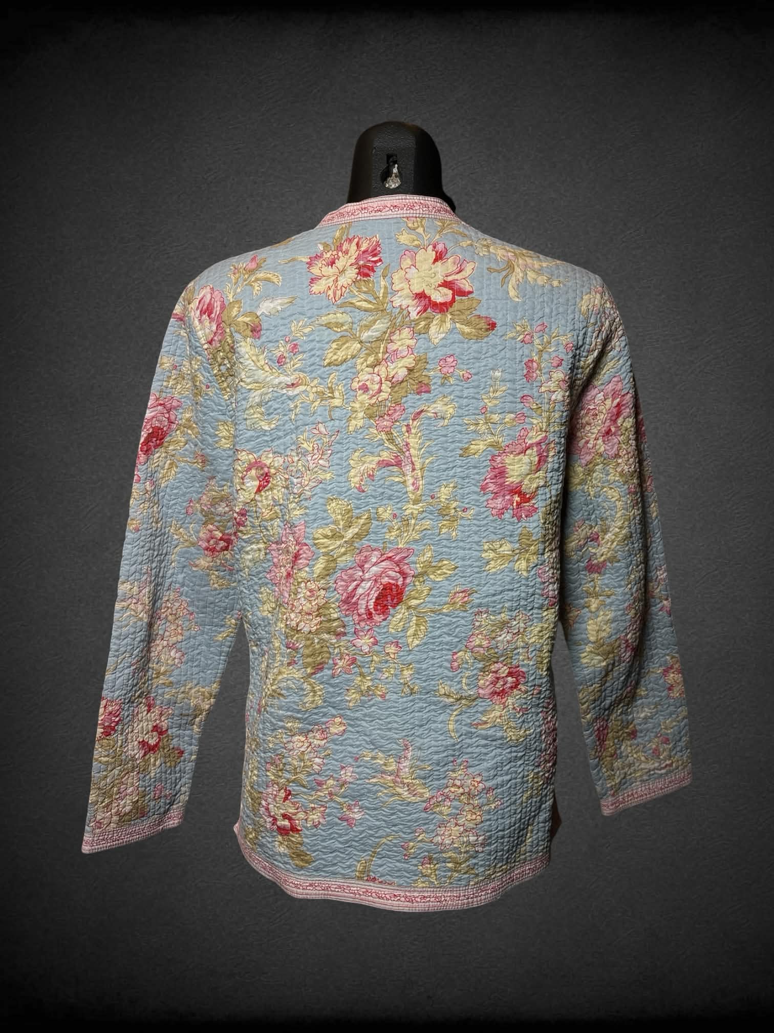 M Provence reversible quilt-like jacket with blue floral pattern, and pink striped pattern