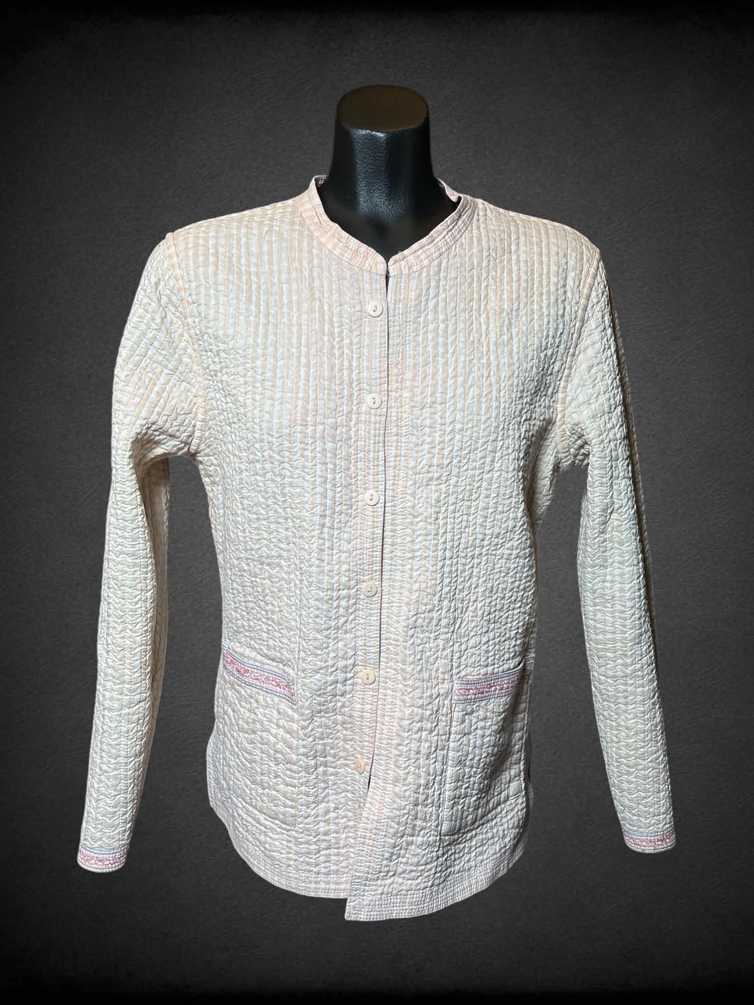 M Provence reversible quilt-like jacket with blue floral pattern, and pink striped pattern