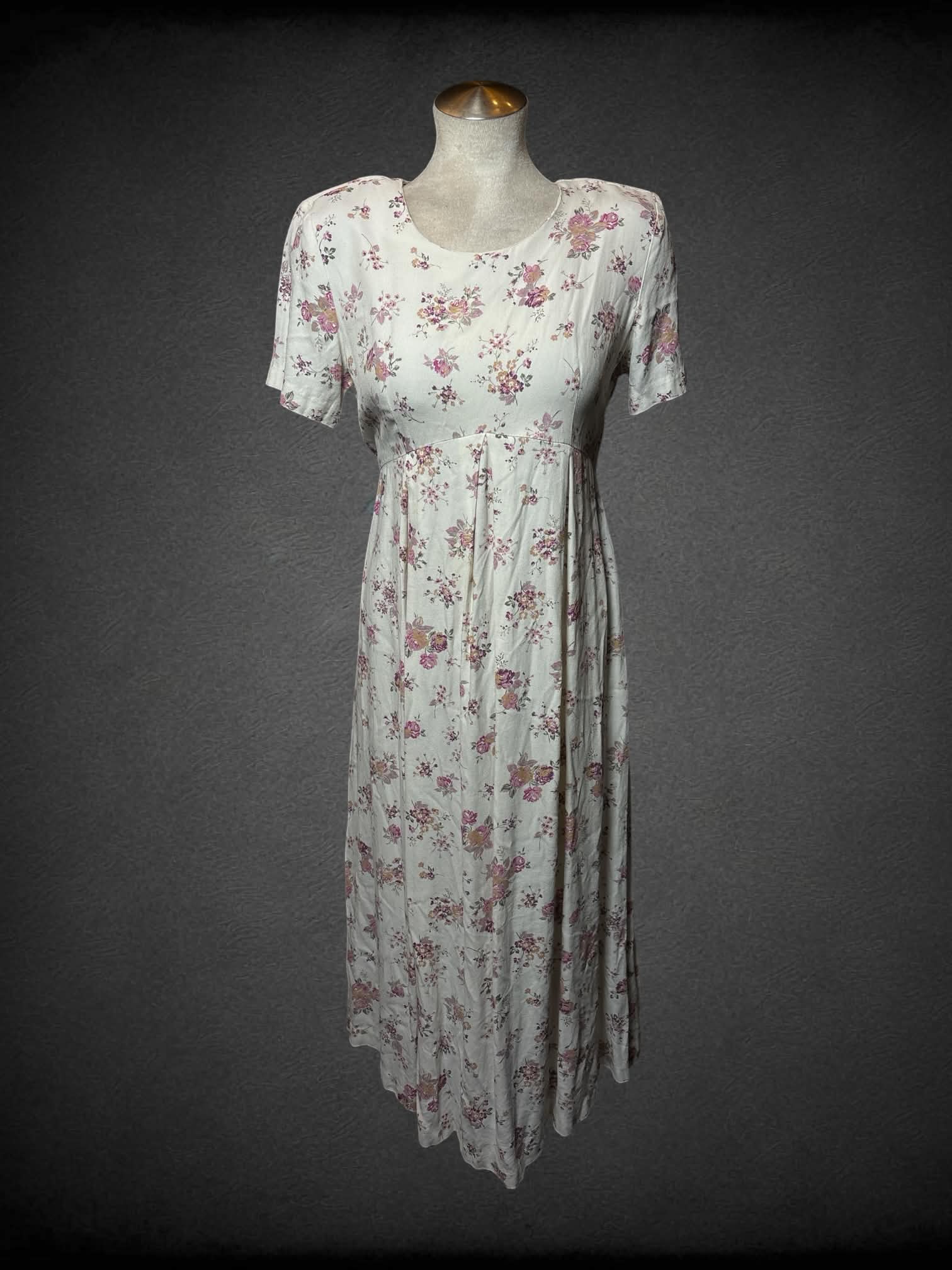 L Champagne West vintage white dress with pink rose pattern, padded shoulders and zipper on back $