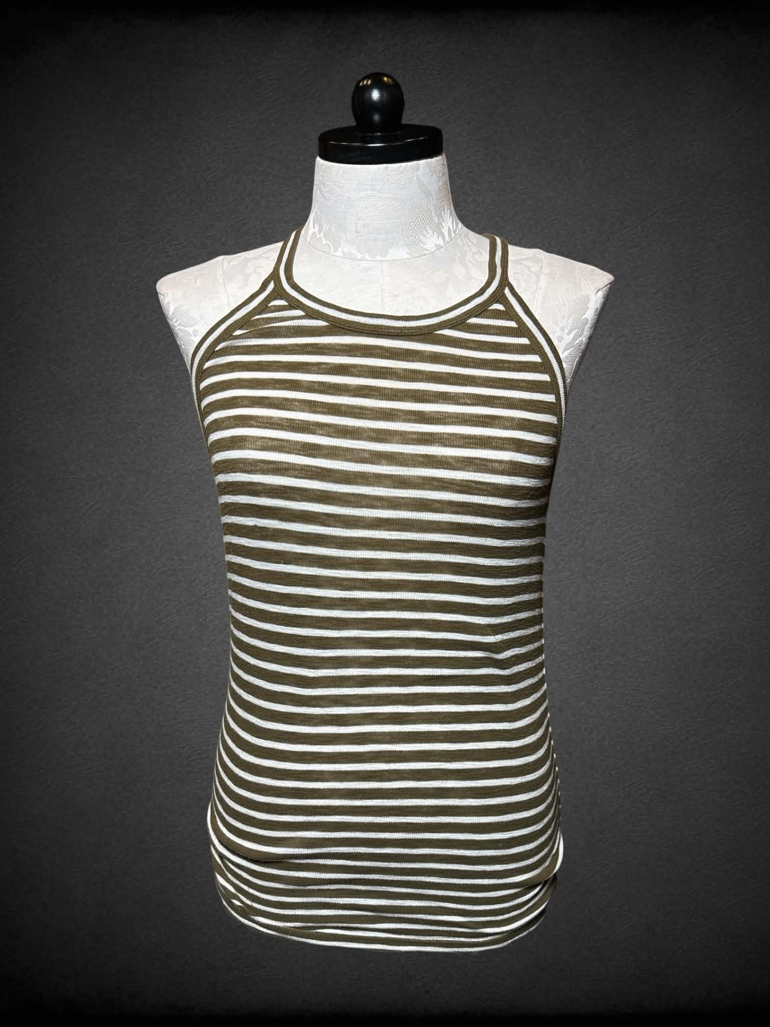 XL Madewell white & army green striped ribbed cami