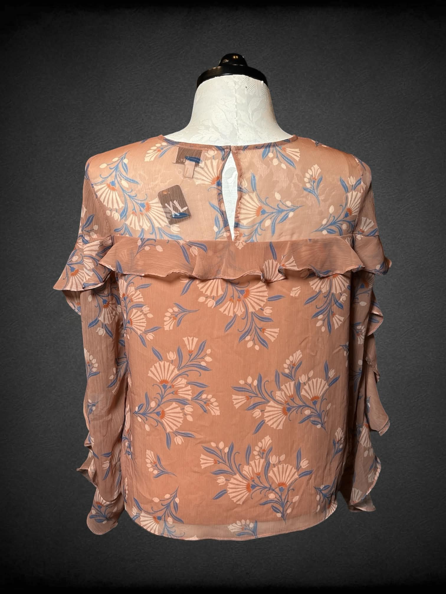 XL Greylin peach sheer layered blouse with blue fan pattern and ruffled sleeves