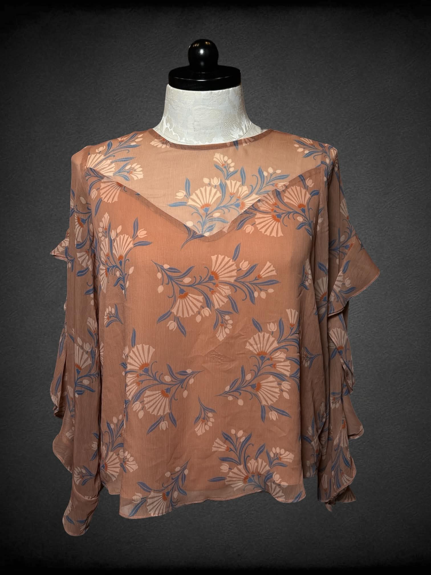 XL Greylin peach sheer layered blouse with blue fan pattern and ruffled sleeves