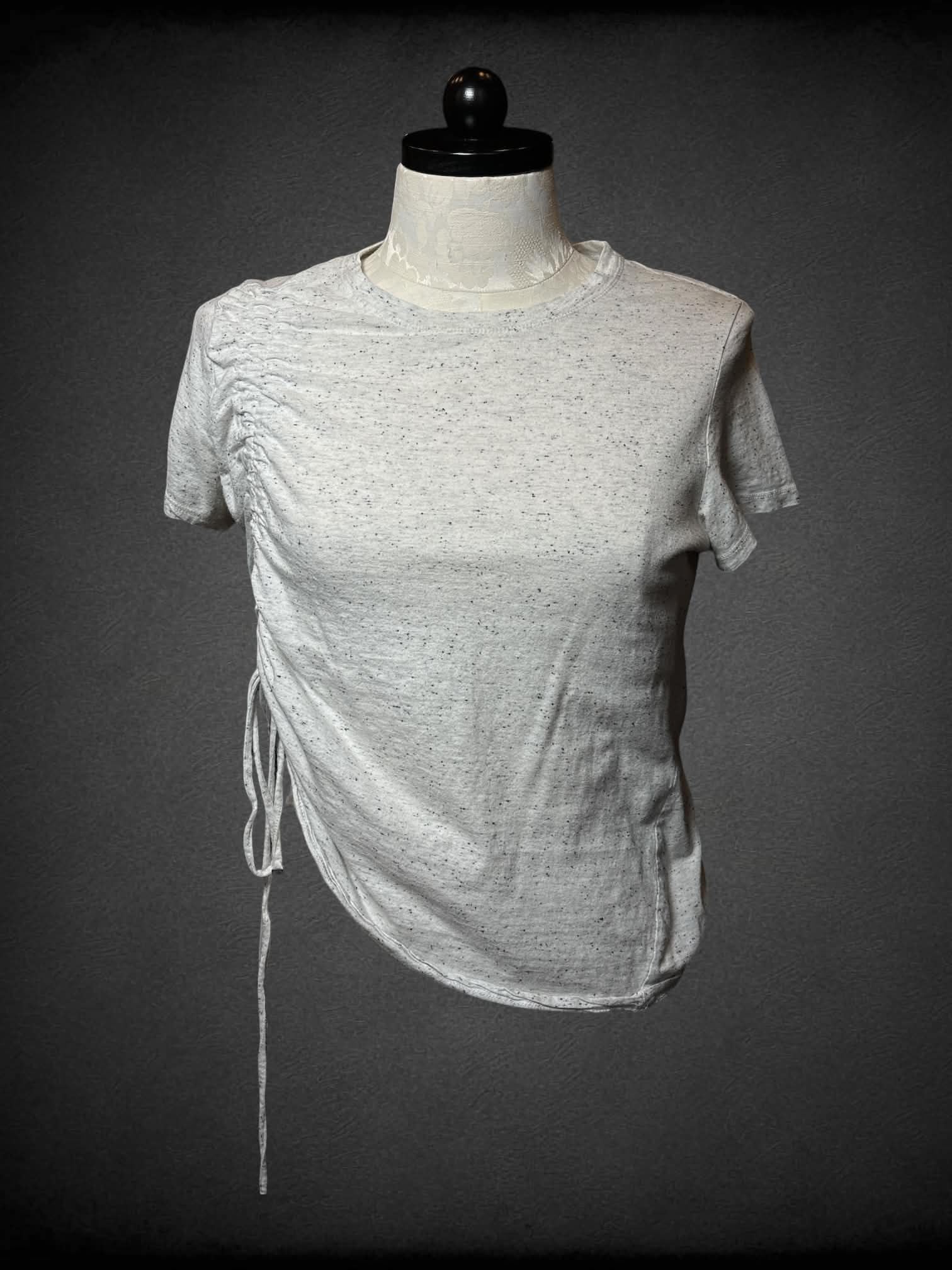 0X Be Boundless heather white t shirt with cinched side, and asymmetrical hem