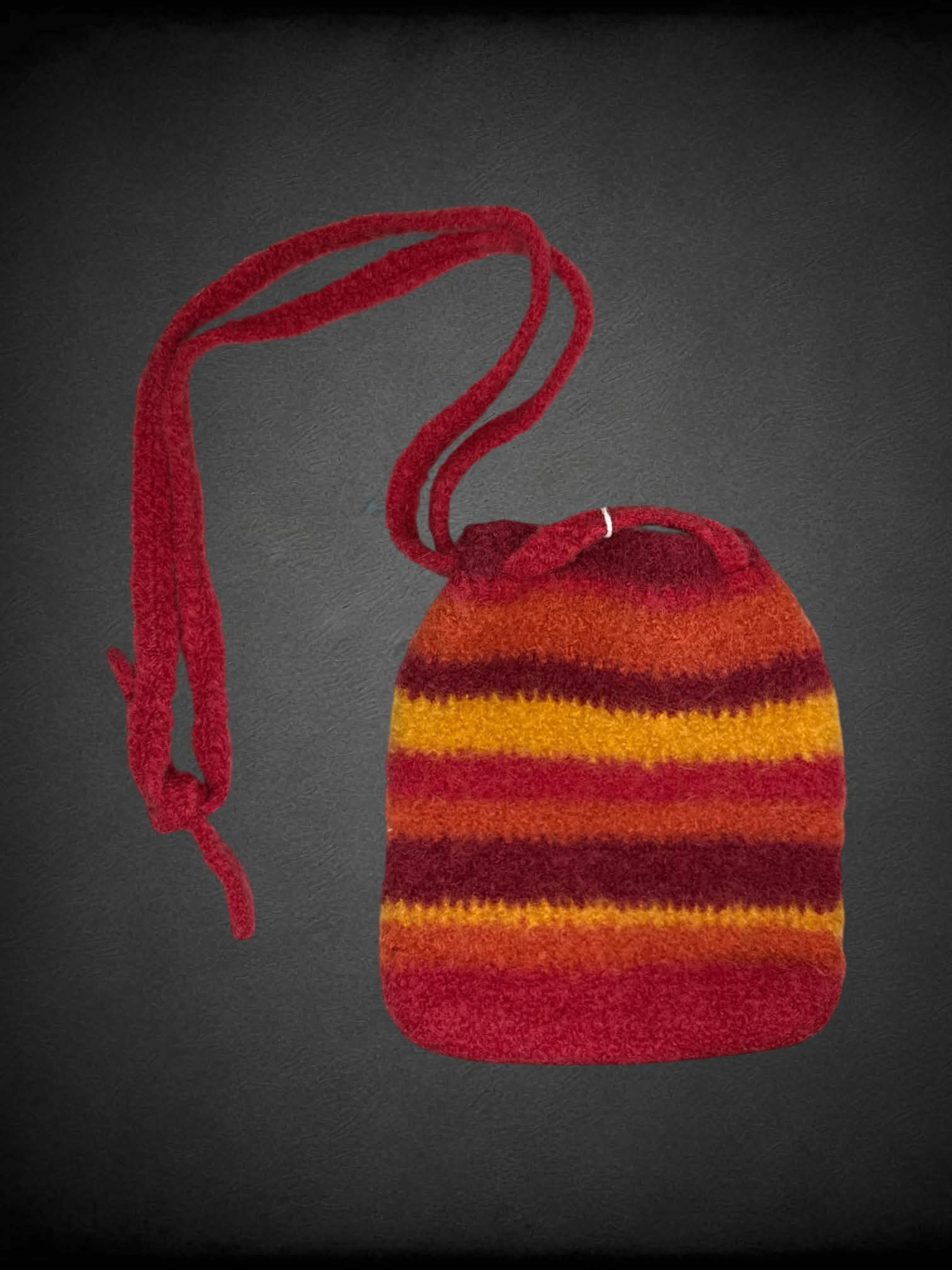 Red Orchard hand-made felted wool shoulder bag with red, orange & yellow stripes