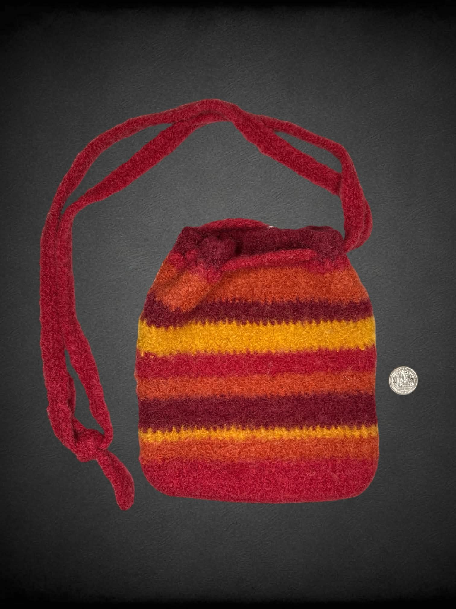 Red Orchard hand-made felted wool shoulder bag with red, orange & yellow stripes