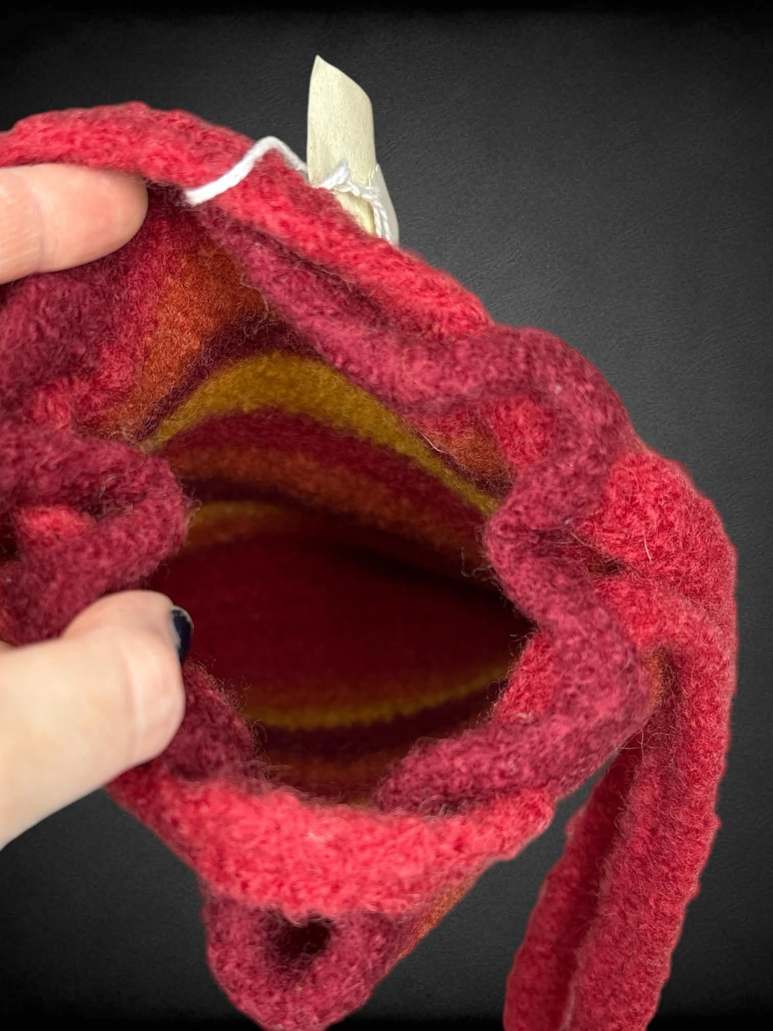 Red Orchard hand-made felted wool shoulder bag with red, orange & yellow stripes