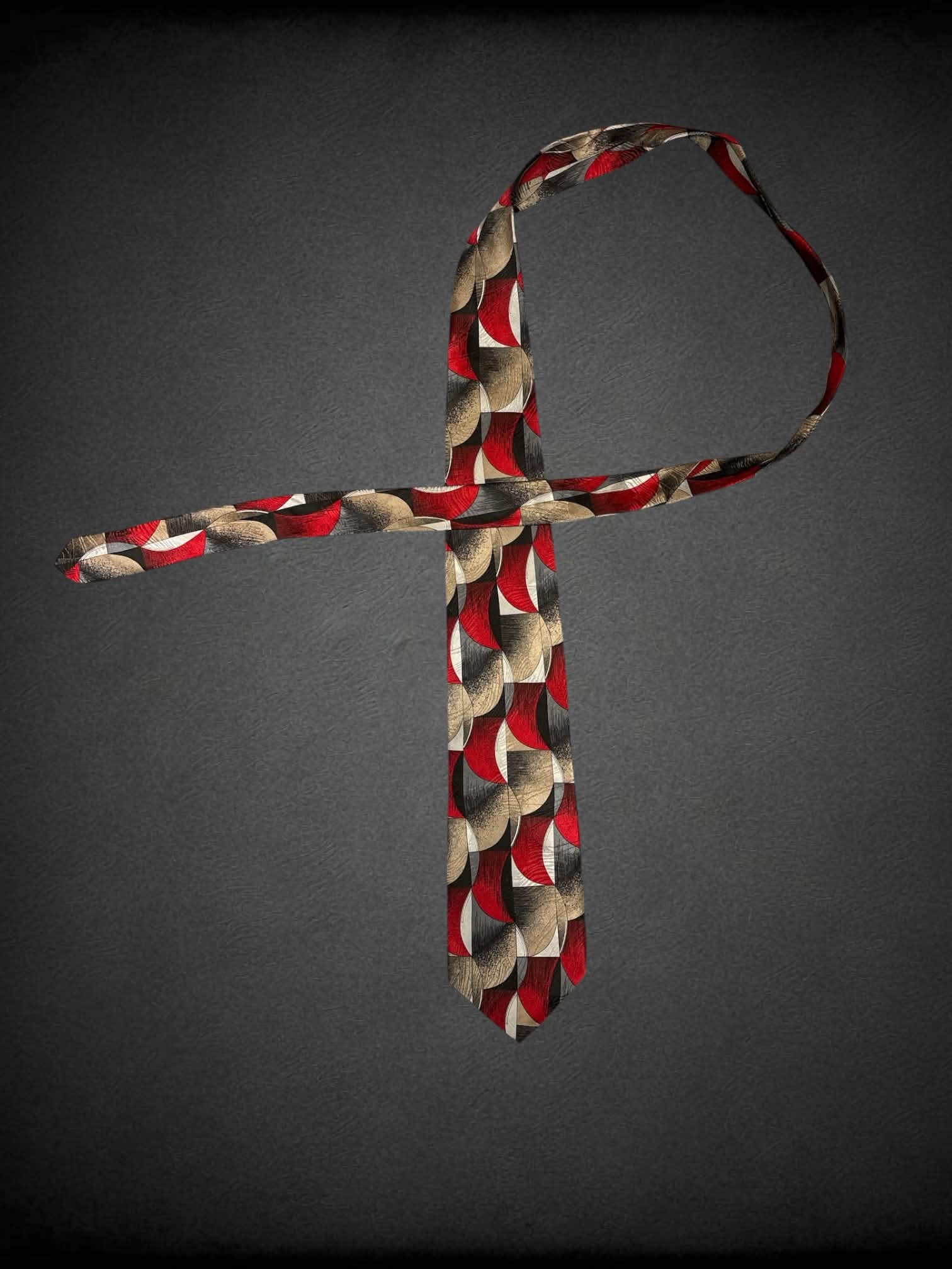 Pierre Balmain vintage extra long tie with red, grey & brown retro pattern