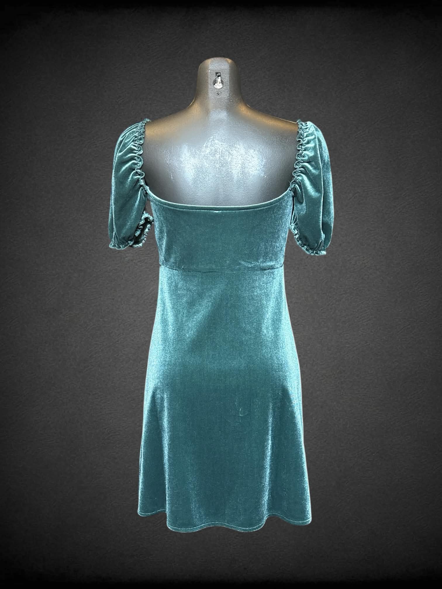 S Urban Outfitters green velvet-like dress with ruffle sleeves