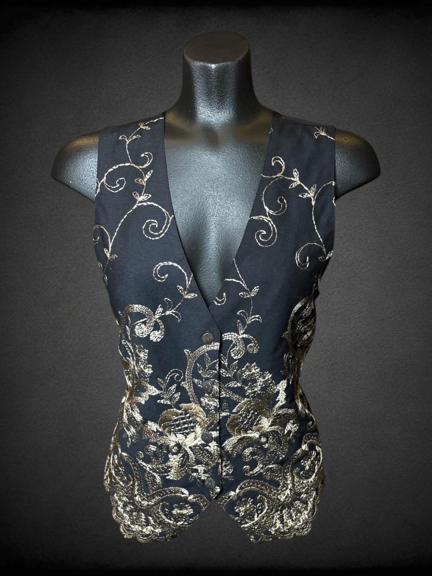 M Ice vintage black vest with gold embroidery on front