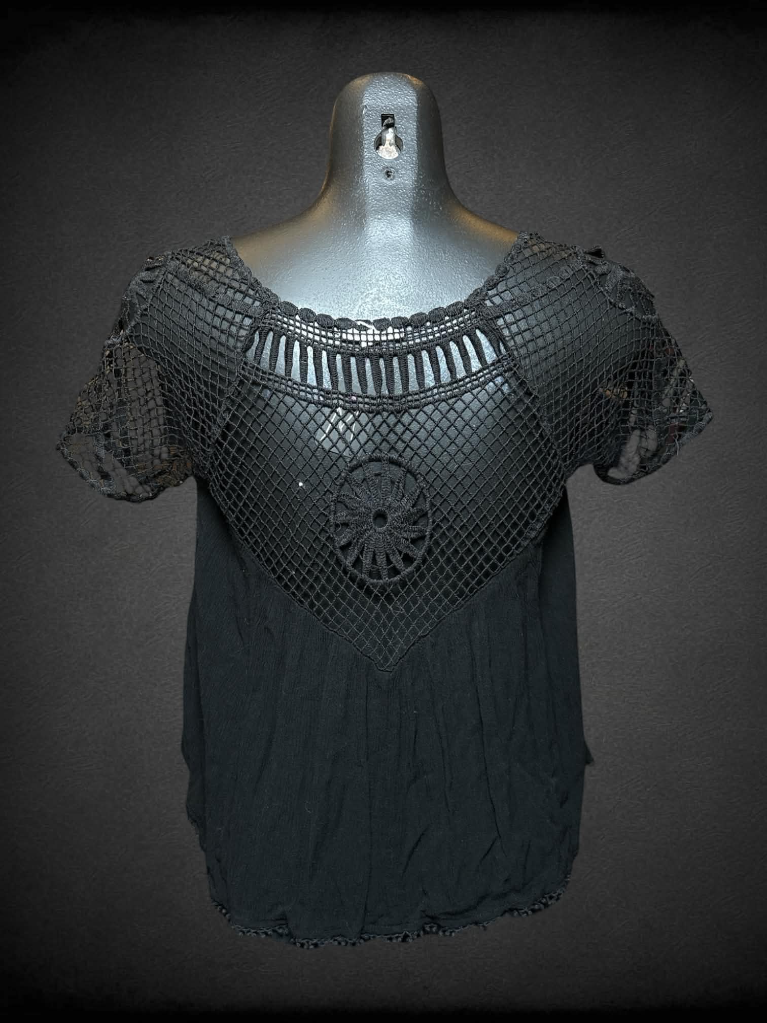 M Aeropostal black top with fishnet collar/sleeves, and tassels on hem