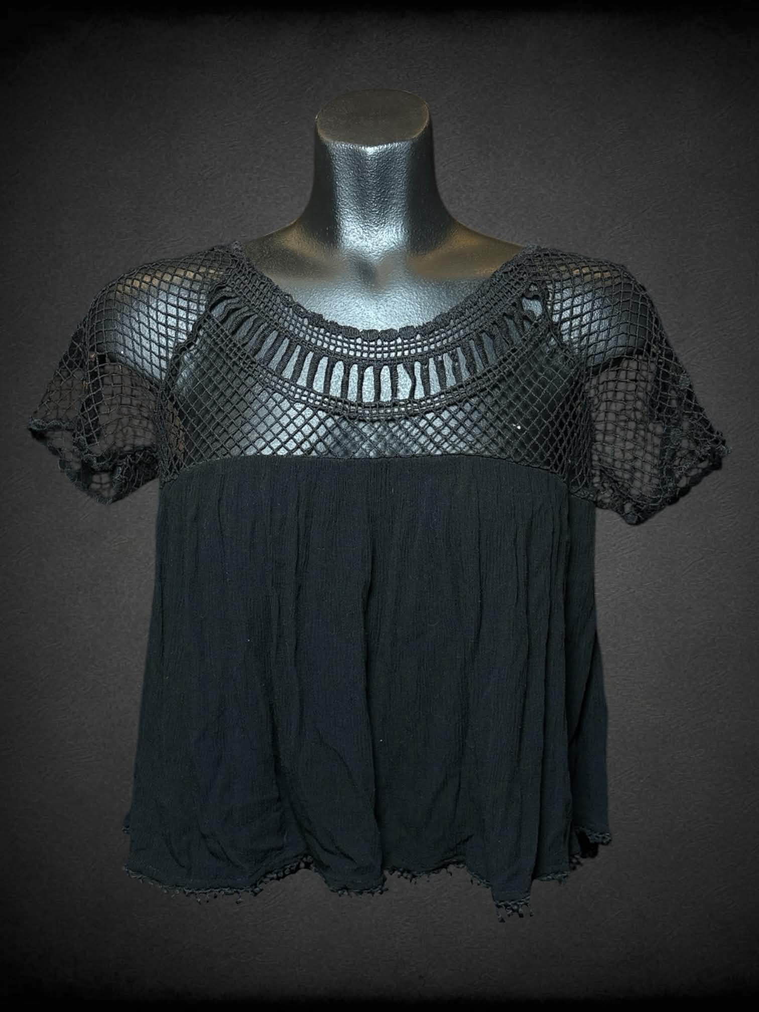 M Aeropostal black top with fishnet collar/sleeves, and tassels on hem