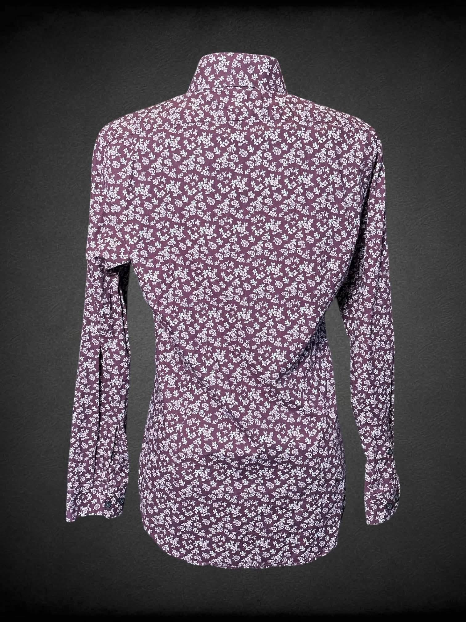 M Express plum button-up with pink floral pattern