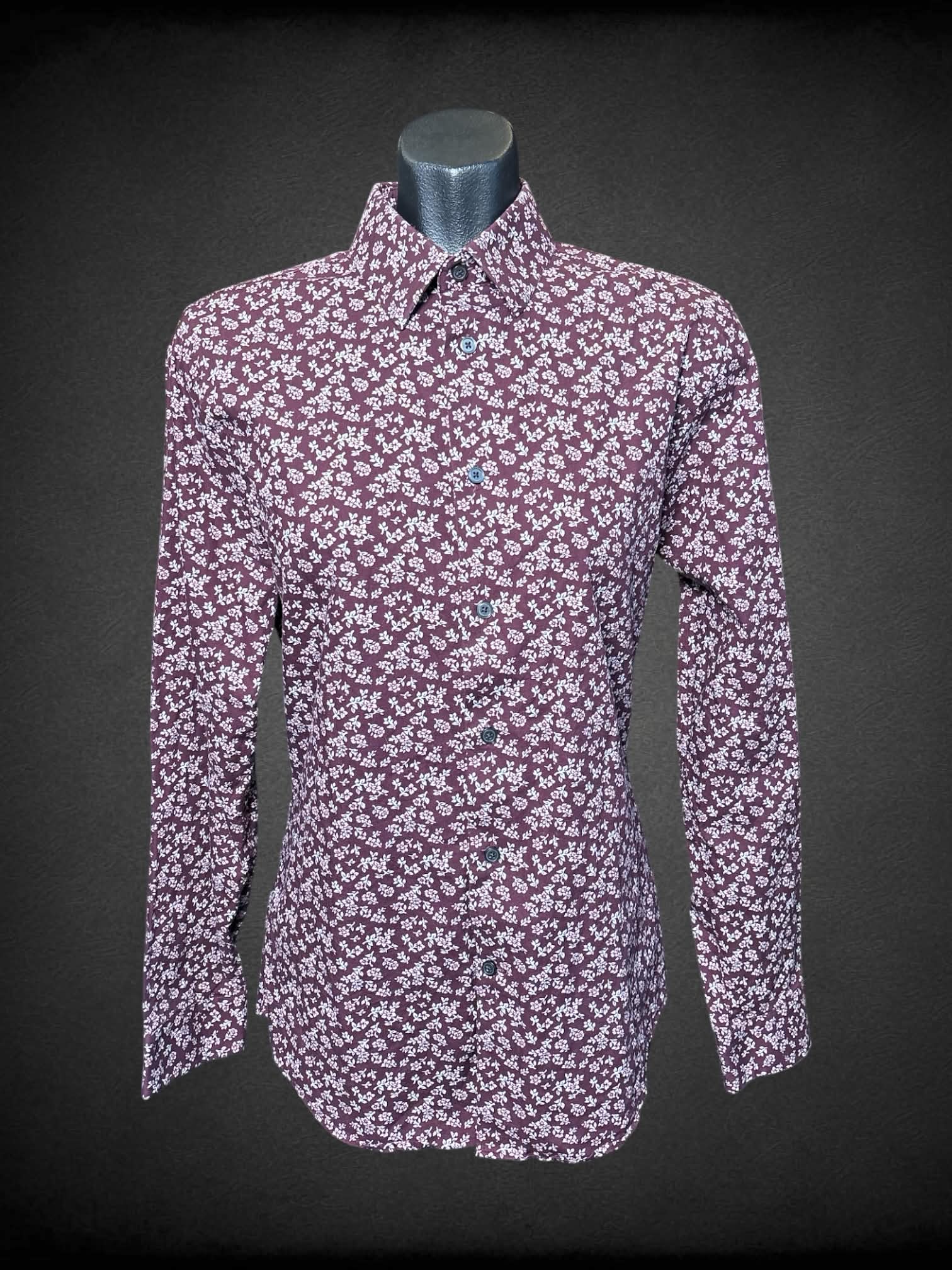 M Express plum button-up with pink floral pattern