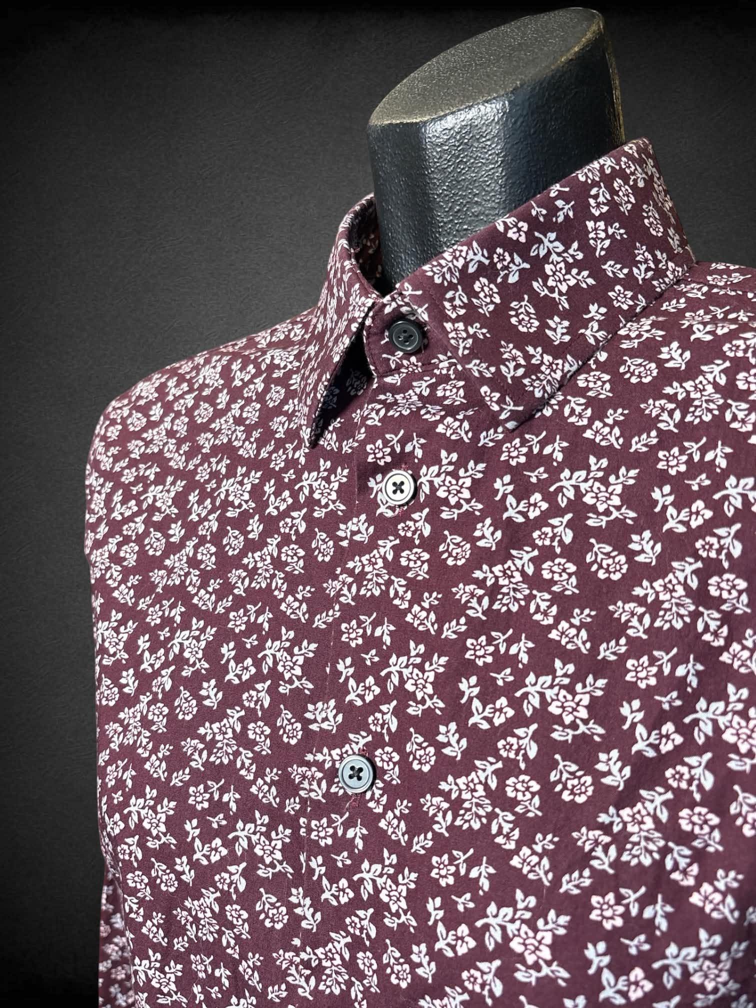 M Express plum button-up with pink floral pattern