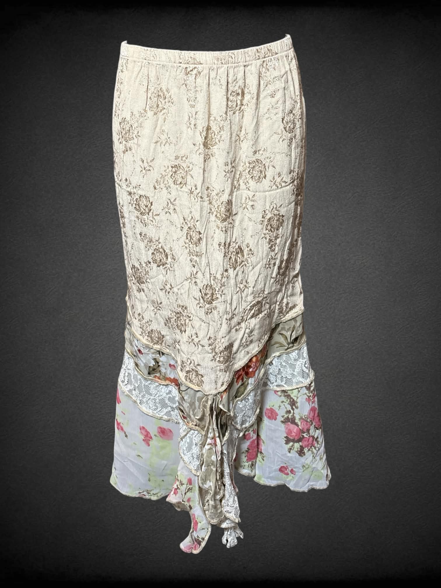 M Spencer Alexis vintage brown fairy skirt with lace & floral layers, and stretch waist