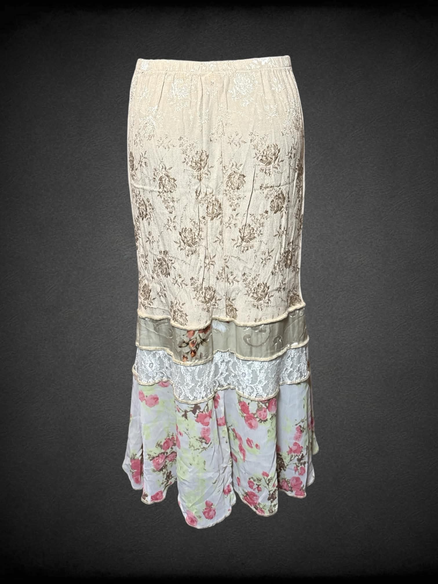 M Spencer Alexis vintage brown fairy skirt with lace & floral layers, and stretch waist