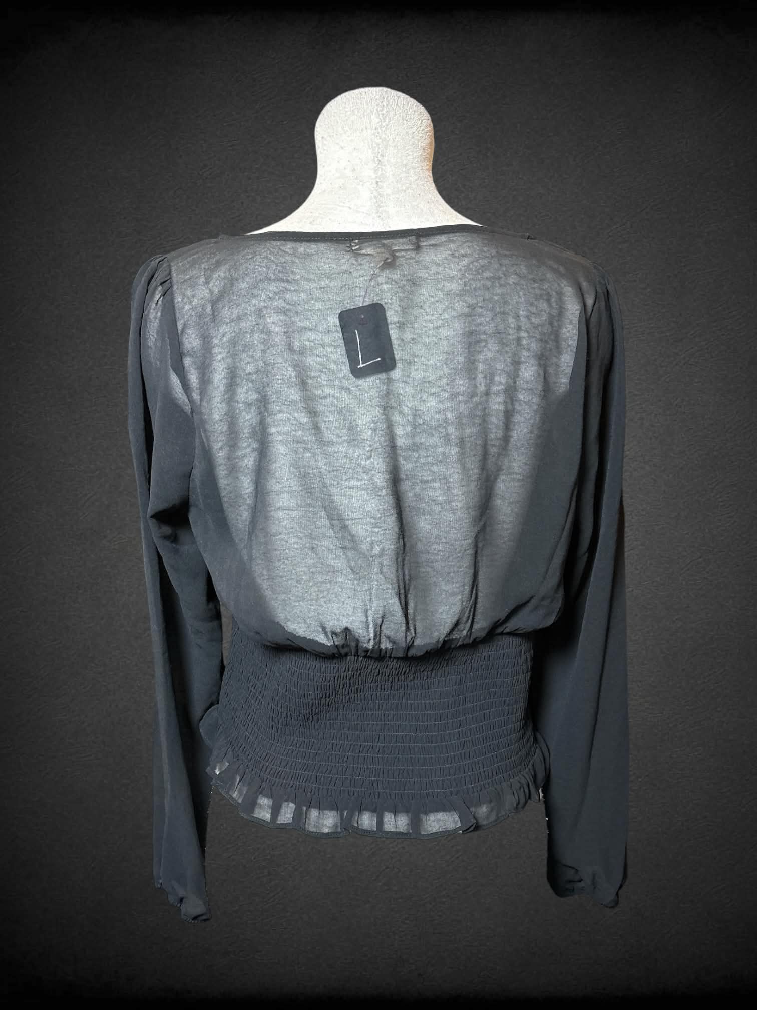 L Nine Britton black sheer top with shirred waist, and tie on front