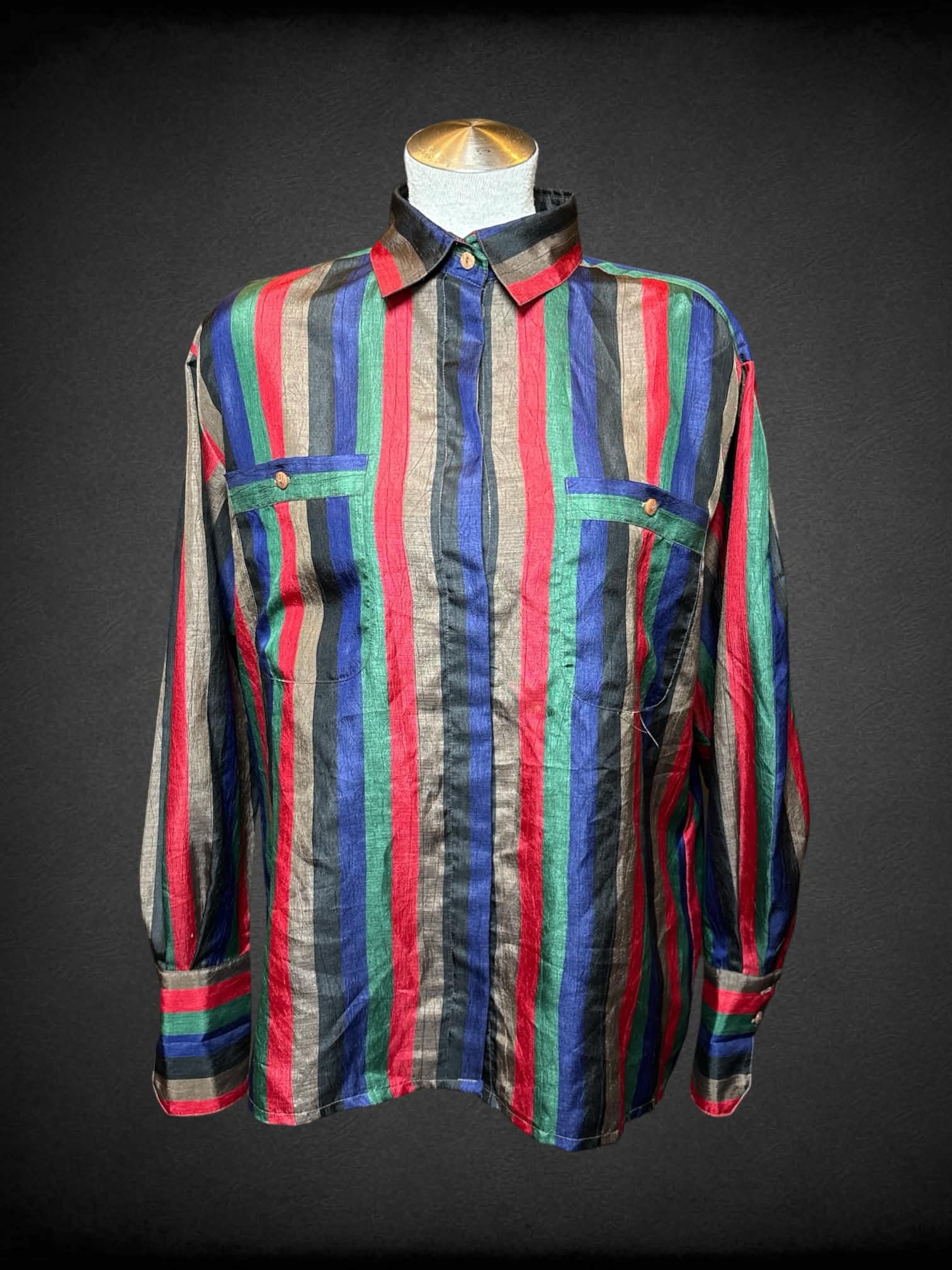 L Bleyle vintage brown button-up with blue, red, green & black stripes