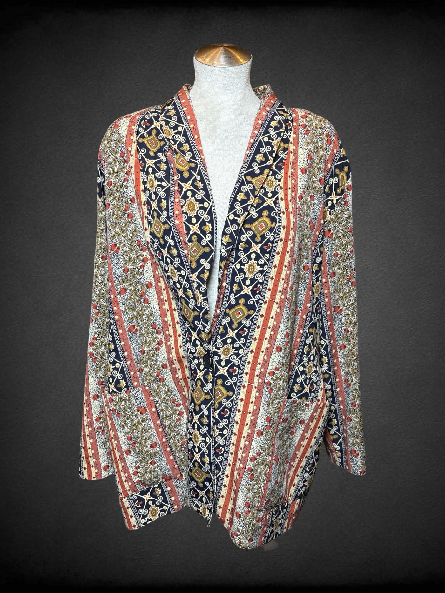L Kensington Square vintage beige silk-like cardigan with red & blue ornamental design