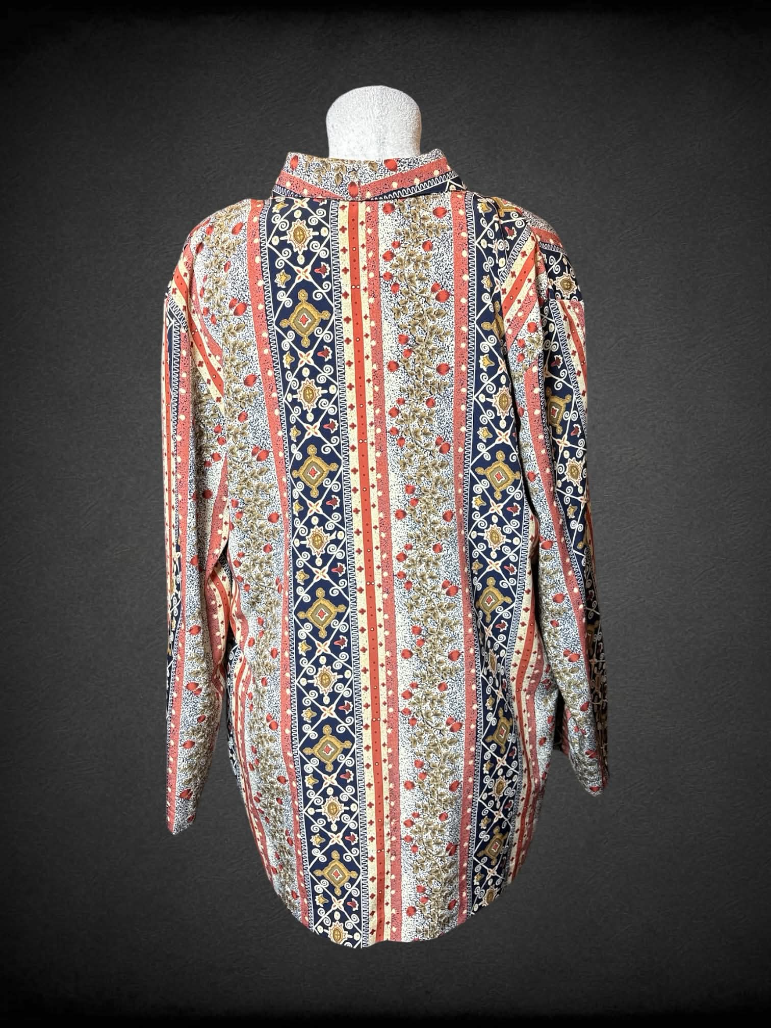 L Kensington Square vintage beige silk-like cardigan with red & blue ornamental design