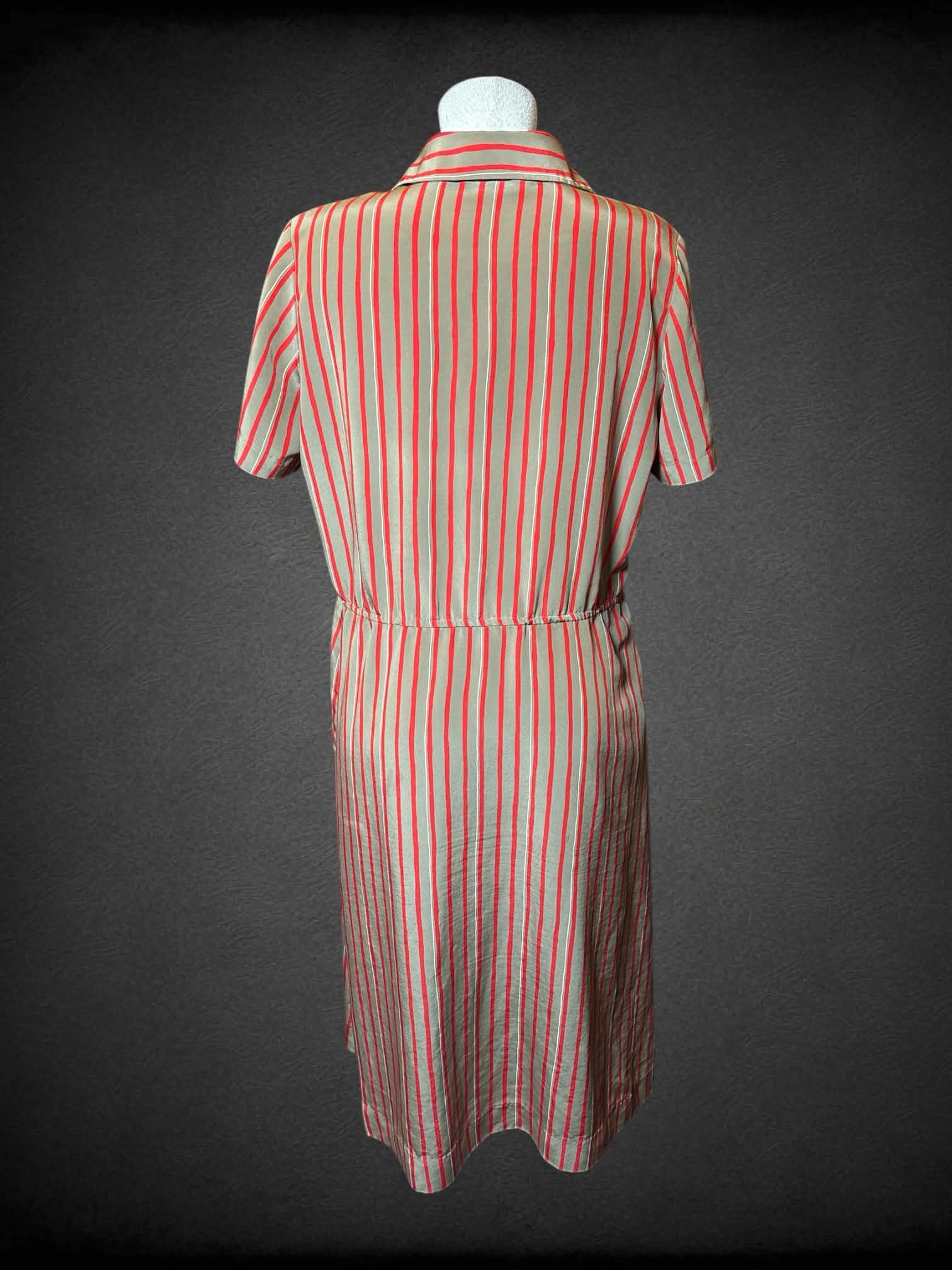 L Sears vintage brown & red striped dress with buttons on front, and pockets