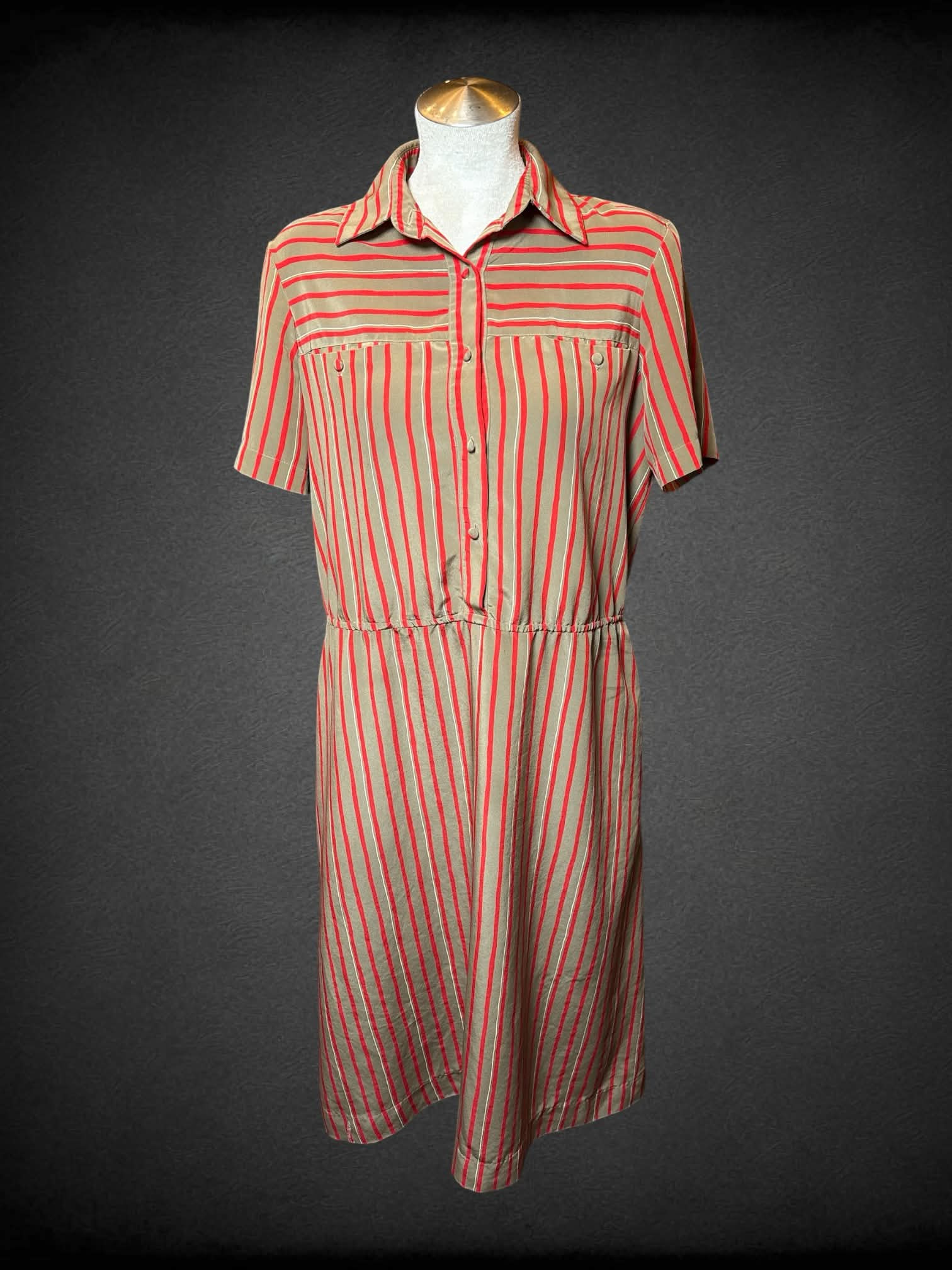 L Sears vintage brown & red striped dress with buttons on front, and pockets