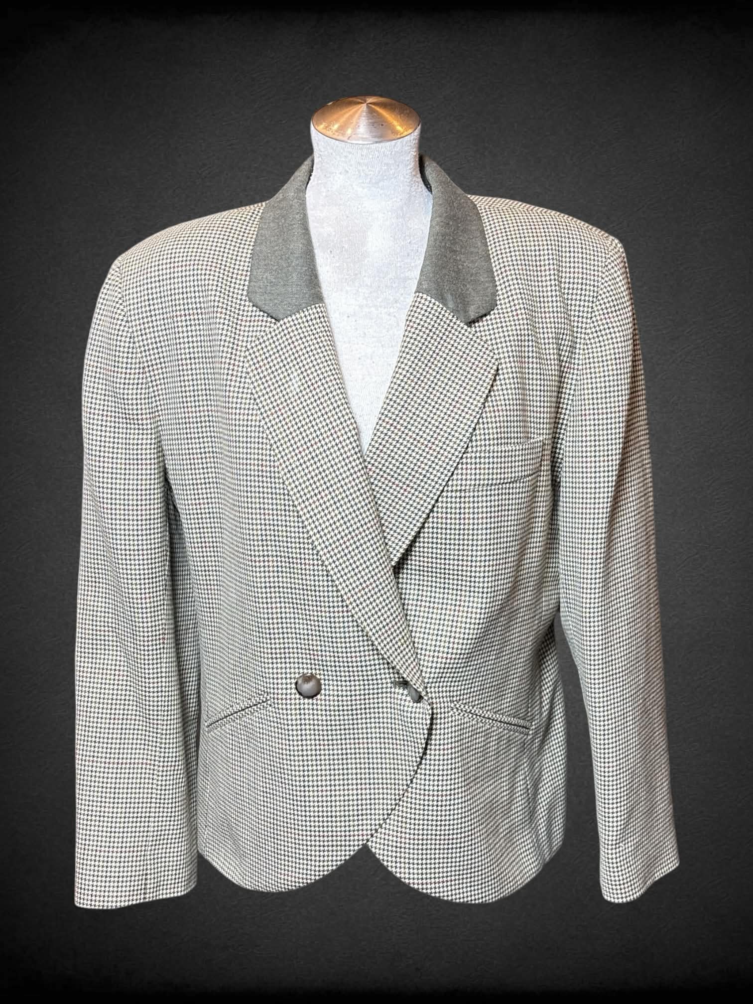 L JH Collectibles vintage olive green jacket with padded shoulders, and houndstooth pattern