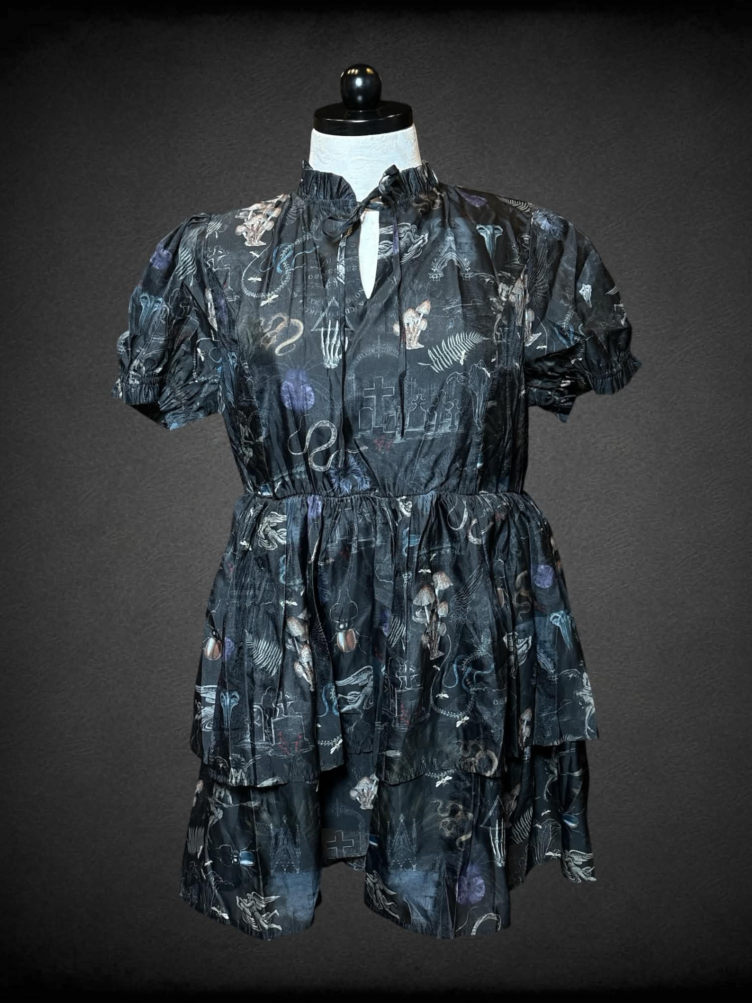 L Disturbia black dress with spooky nature pattern (cemetery, mushroom, plants, ouija etc)