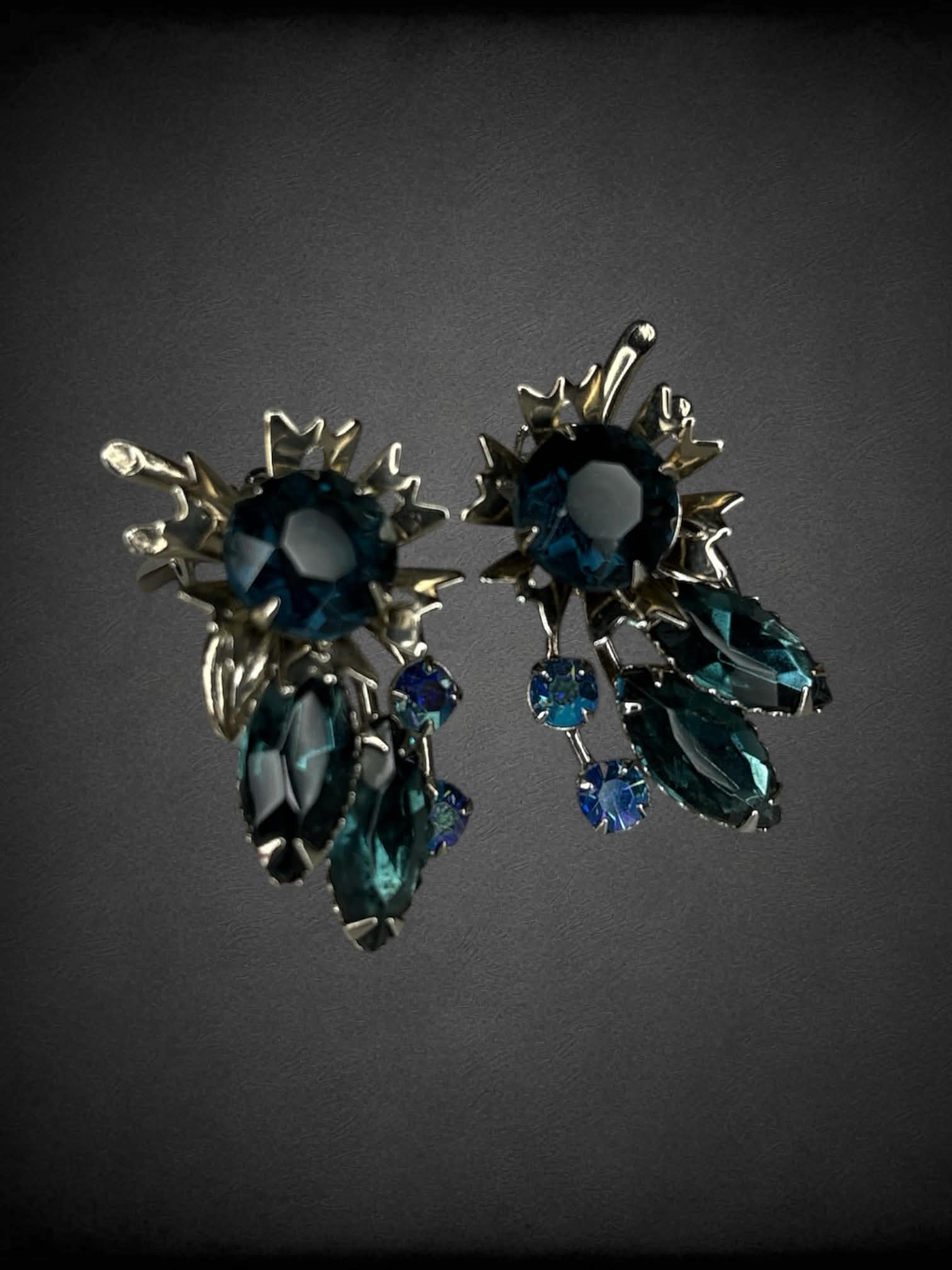 Vintage clip-on silver earrings with blue gem stones
