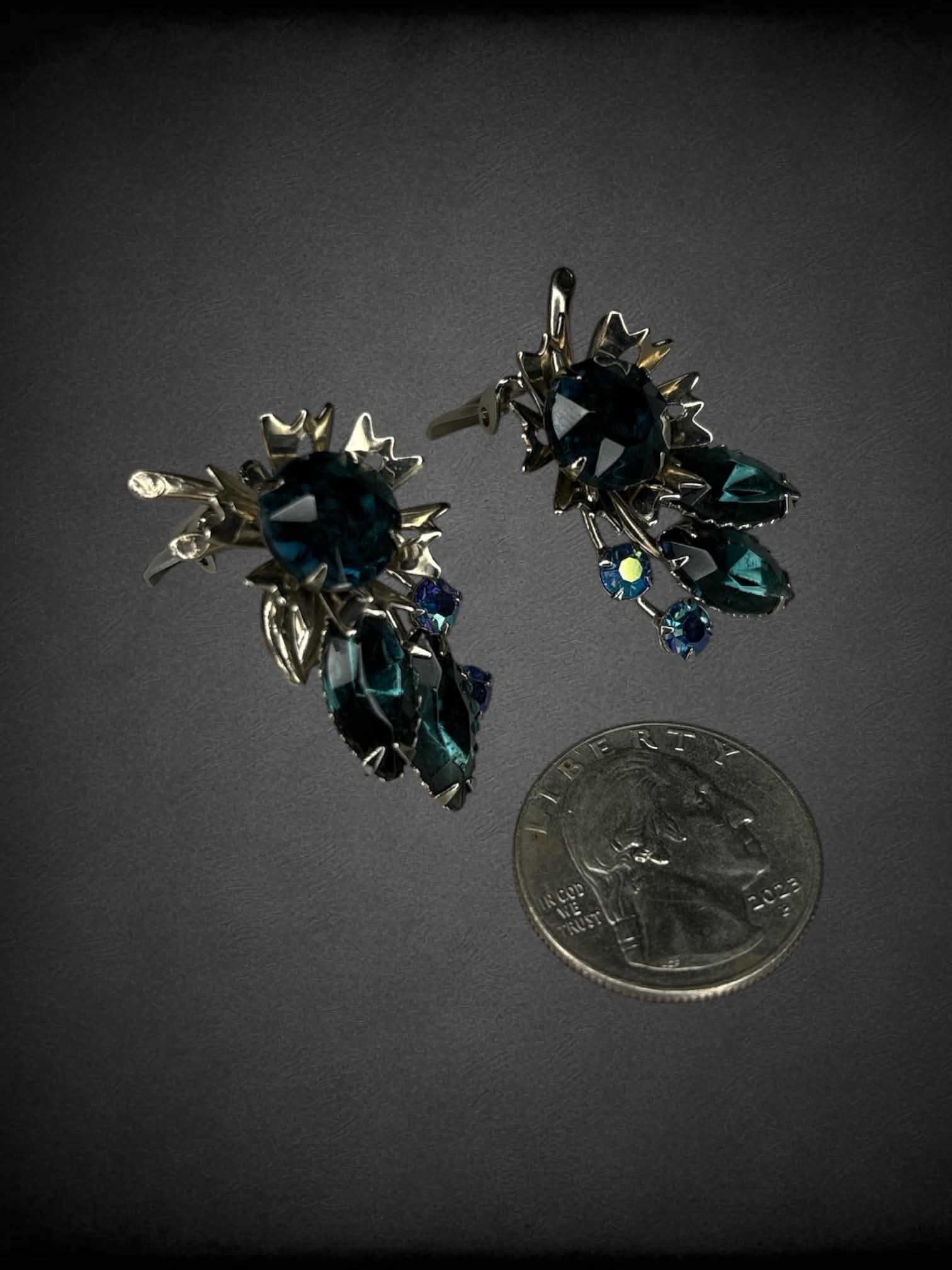 Vintage clip-on silver earrings with blue gem stones