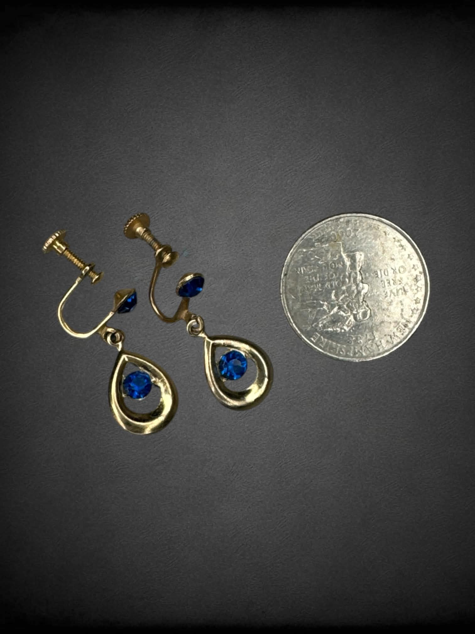 Vintage teardrop clip-on earrings with blue gem stones