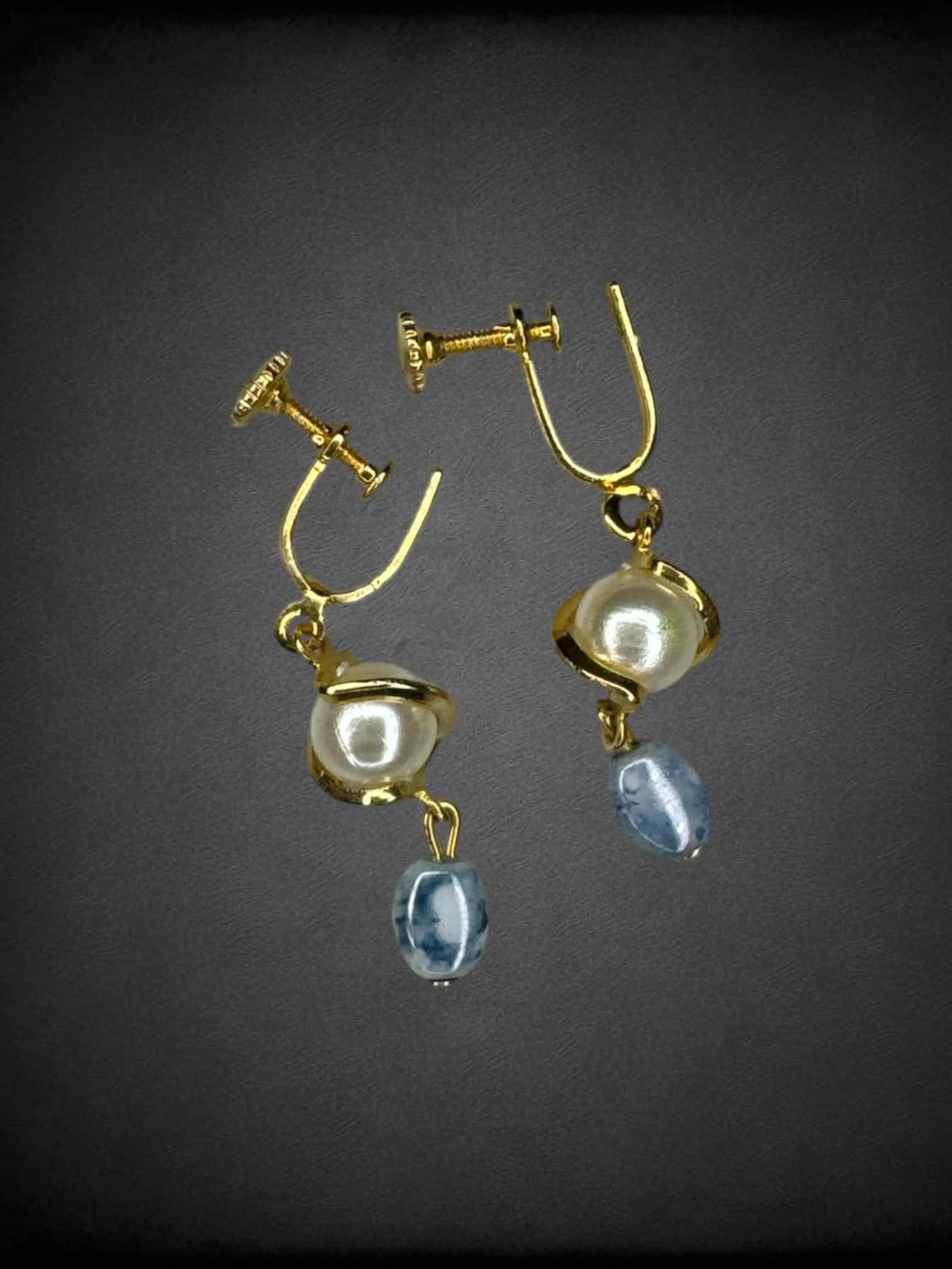 Vintage clip-on earrings with blue & white beads