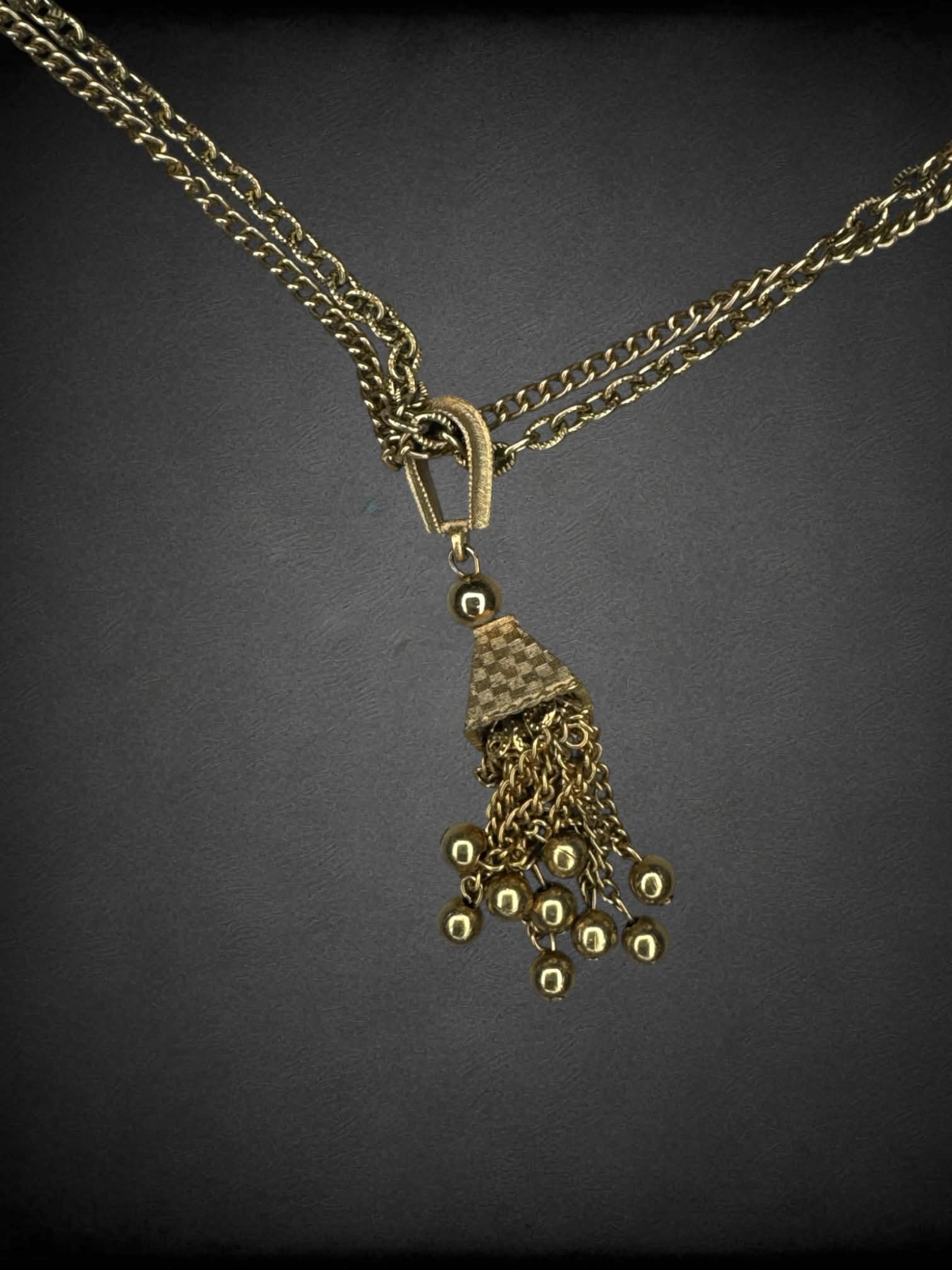 Vintage double gold chain necklace with tassel charm