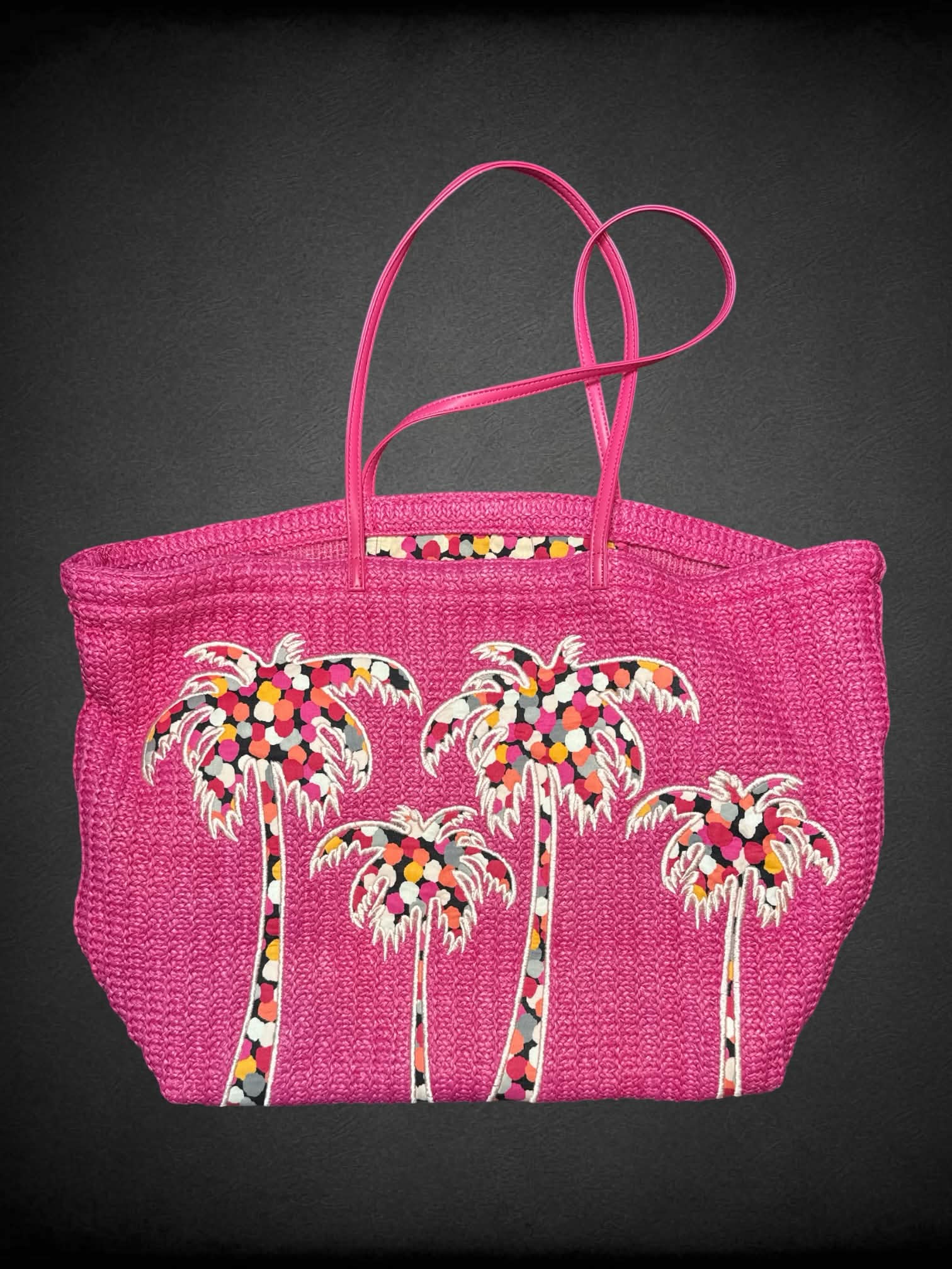 Vera Bradley pink woven beach bag with palm tree design on front