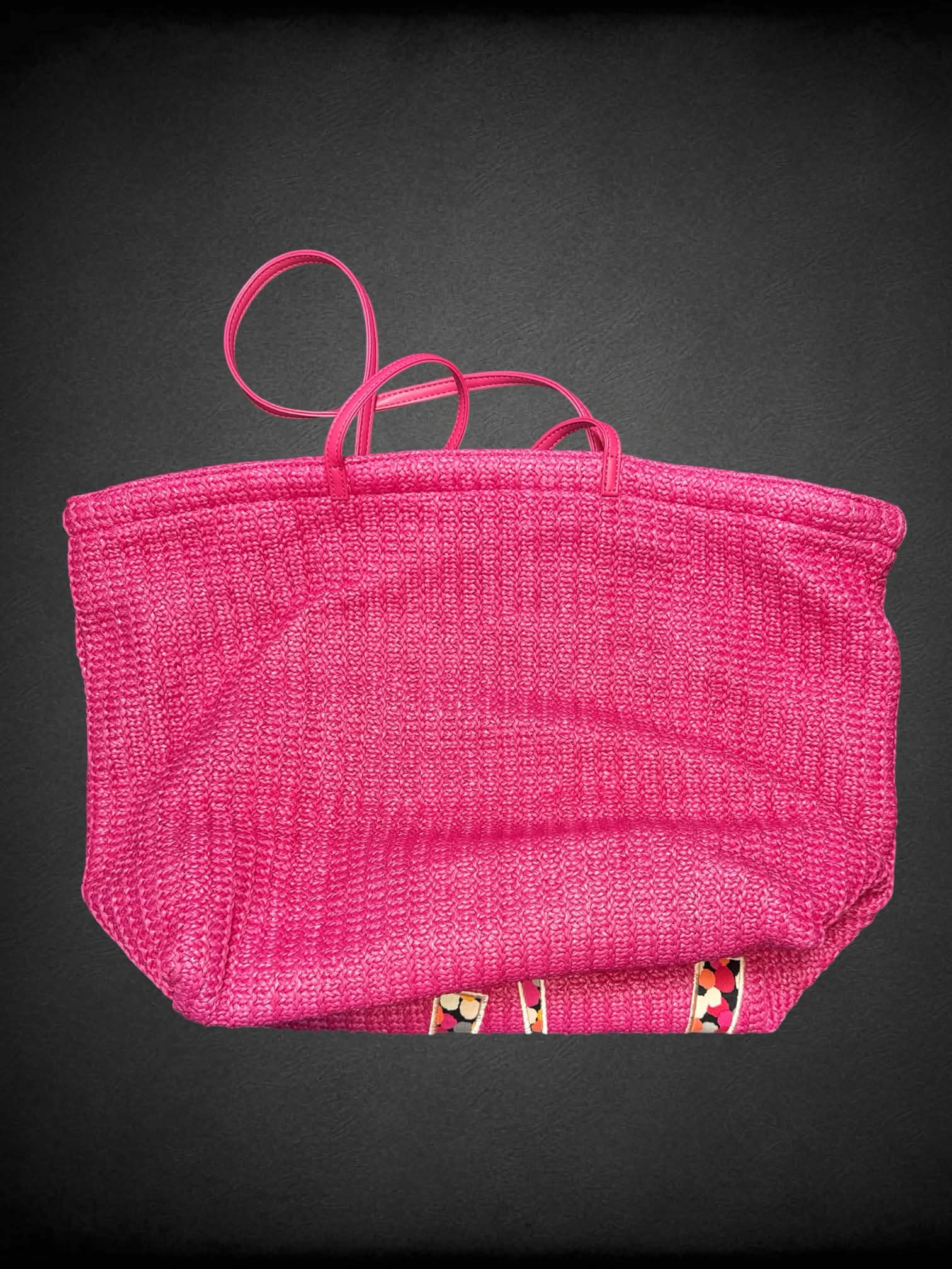 Vera Bradley pink woven beach bag with palm tree design on front